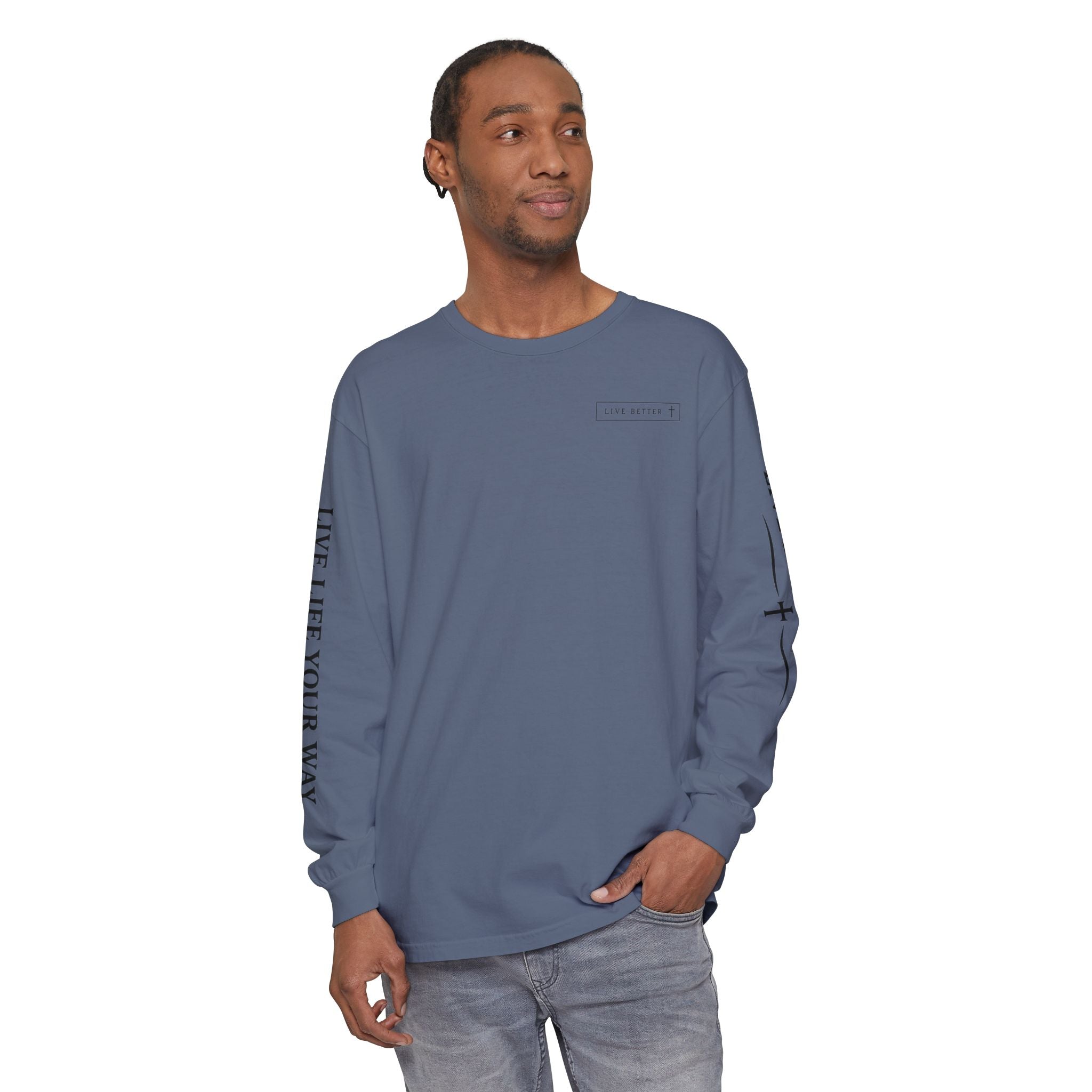 Camiseta de manga larga para hombre, "Vive la vida a tu manera", letras negras