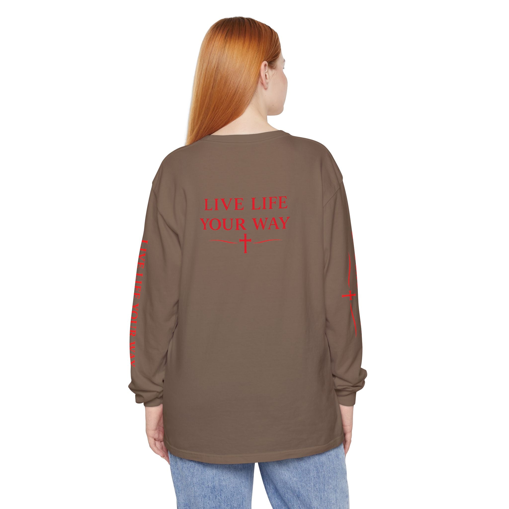 Camiseta de manga larga para hombre, Vive la vida a tu manera, Letras rojas