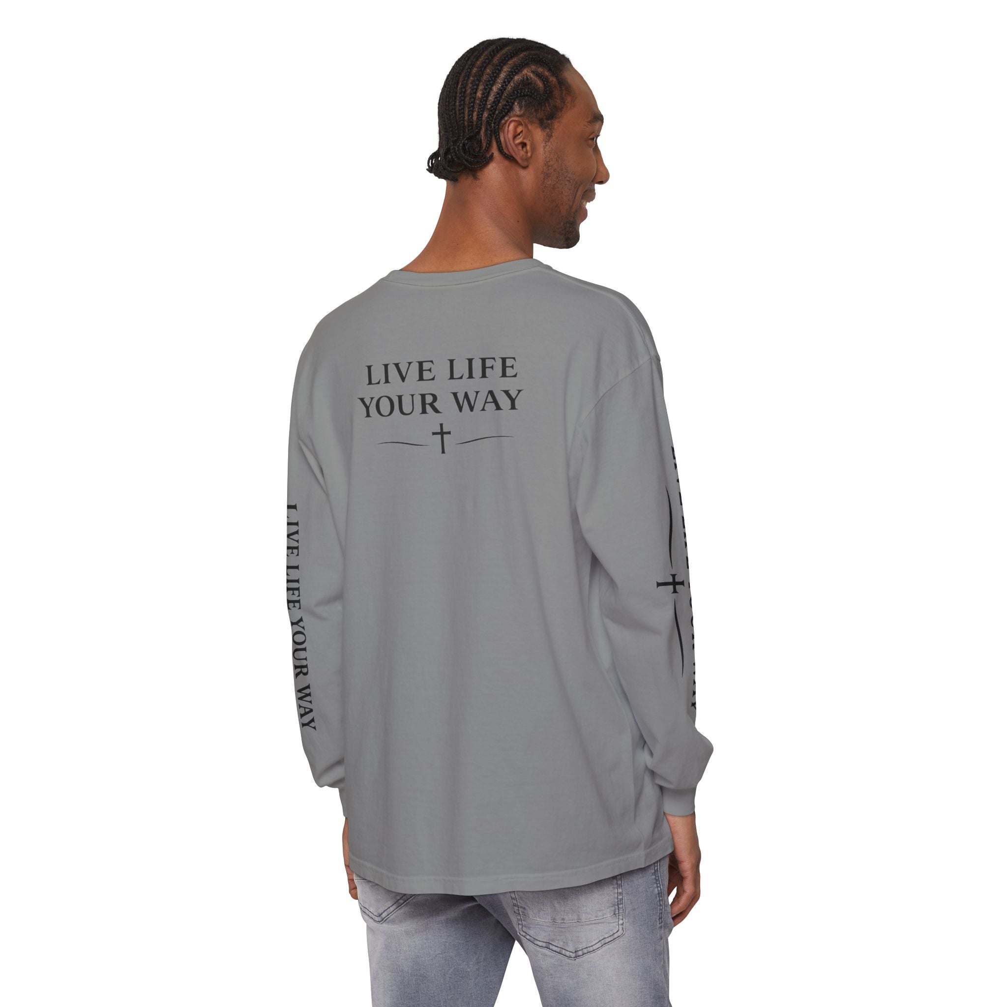 Camiseta de manga larga para hombre, "Vive la vida a tu manera", letras negras
