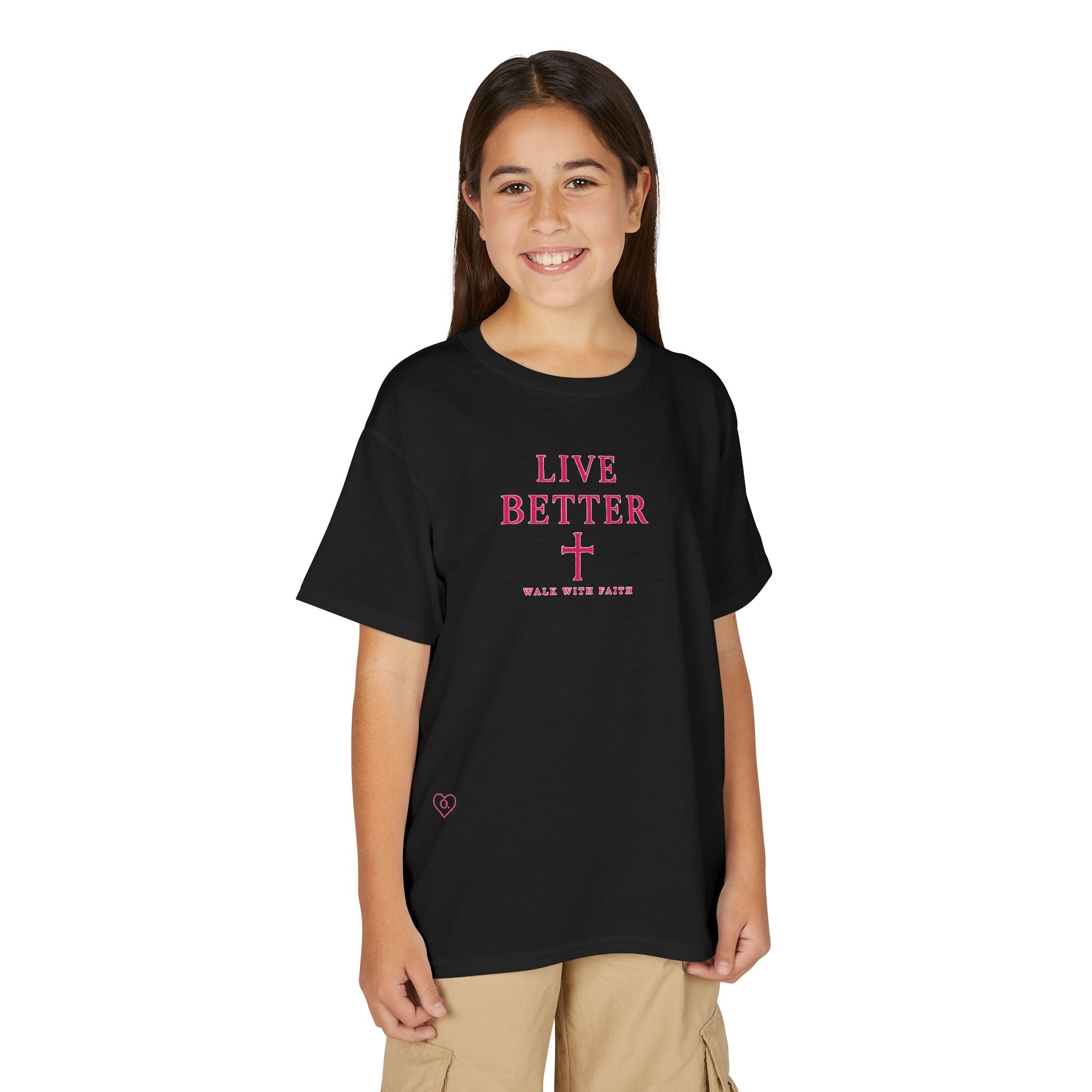 Camiseta juvenil — "Vive mejor, camina con fe" - Camiseta rosa con el lema "Fe"