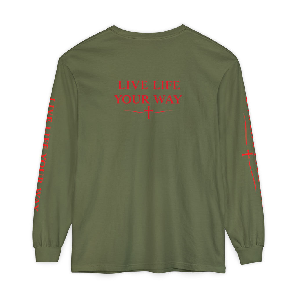 Camiseta de manga larga para hombre, Vive la vida a tu manera, Letras rojas