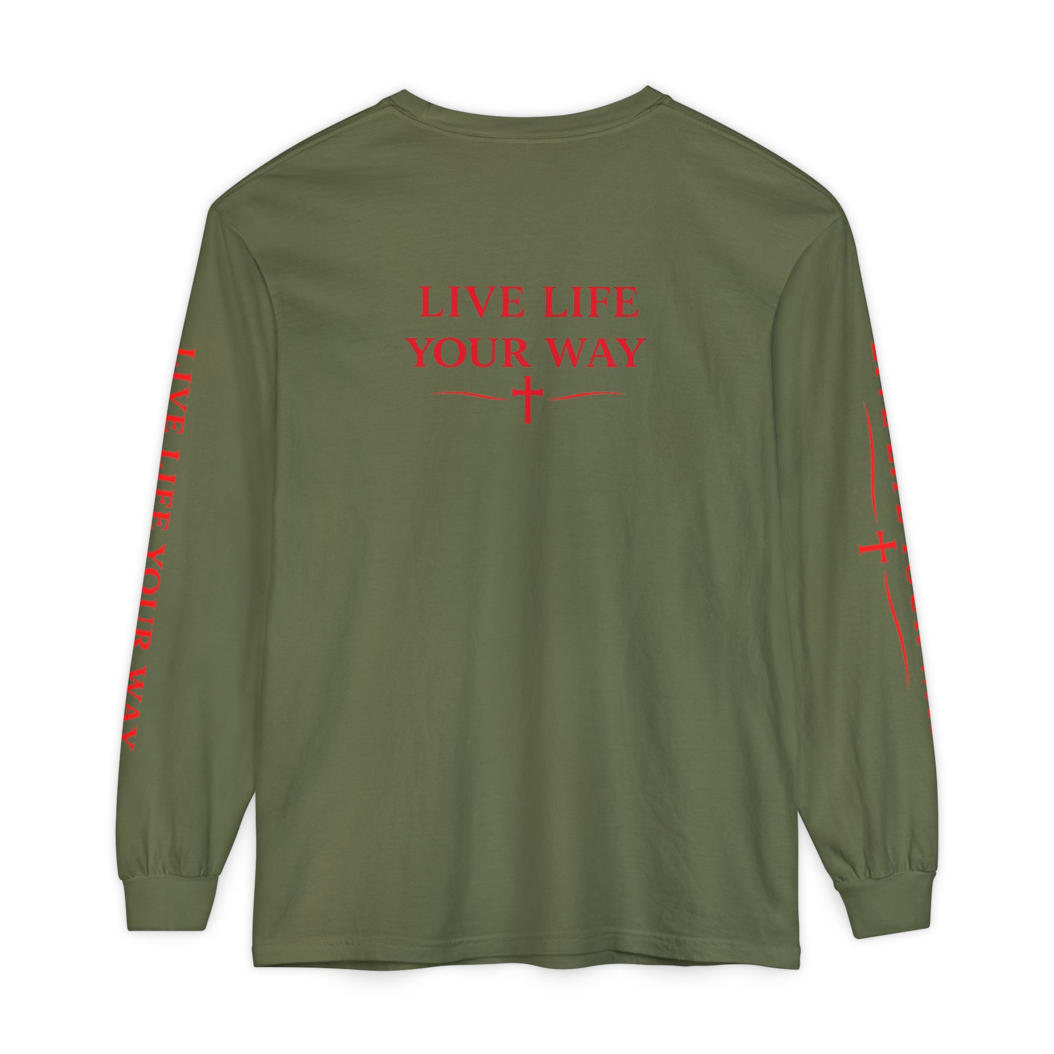 Camiseta de manga larga para hombre, Vive la vida a tu manera, Letras rojas