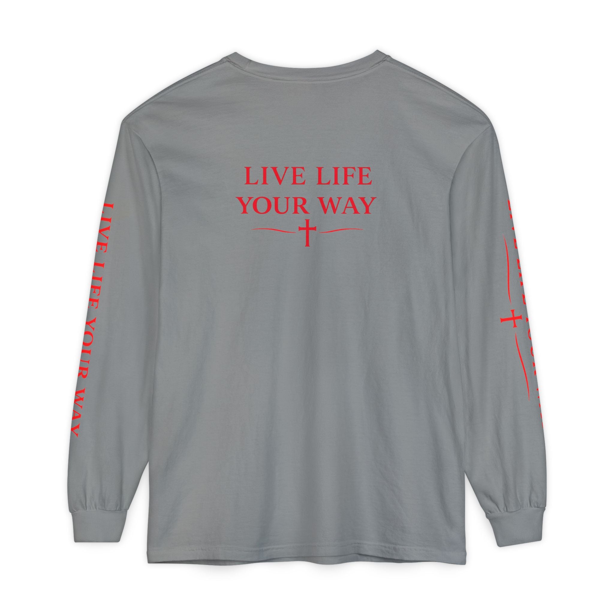 Camiseta de manga larga para hombre, Vive la vida a tu manera, Letras rojas