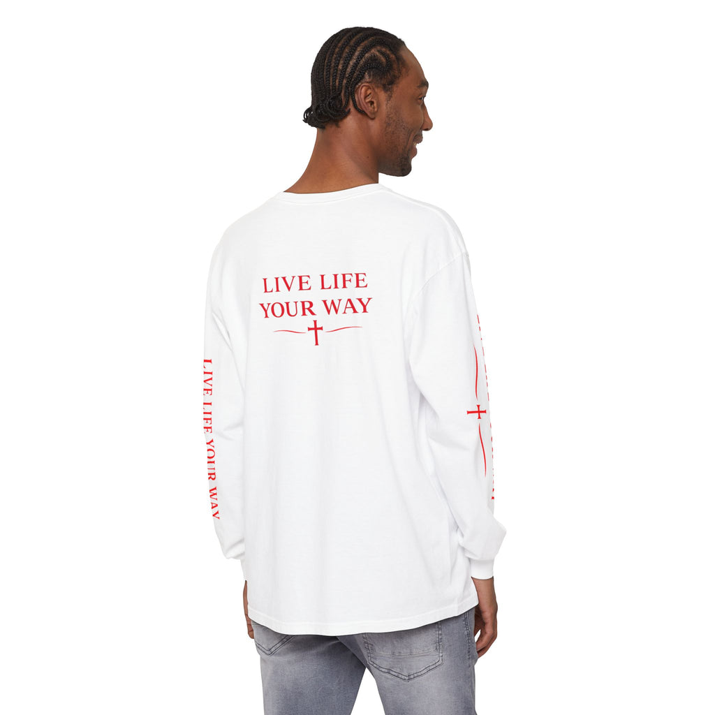 Camiseta de manga larga para hombre, Vive la vida a tu manera, Letras rojas