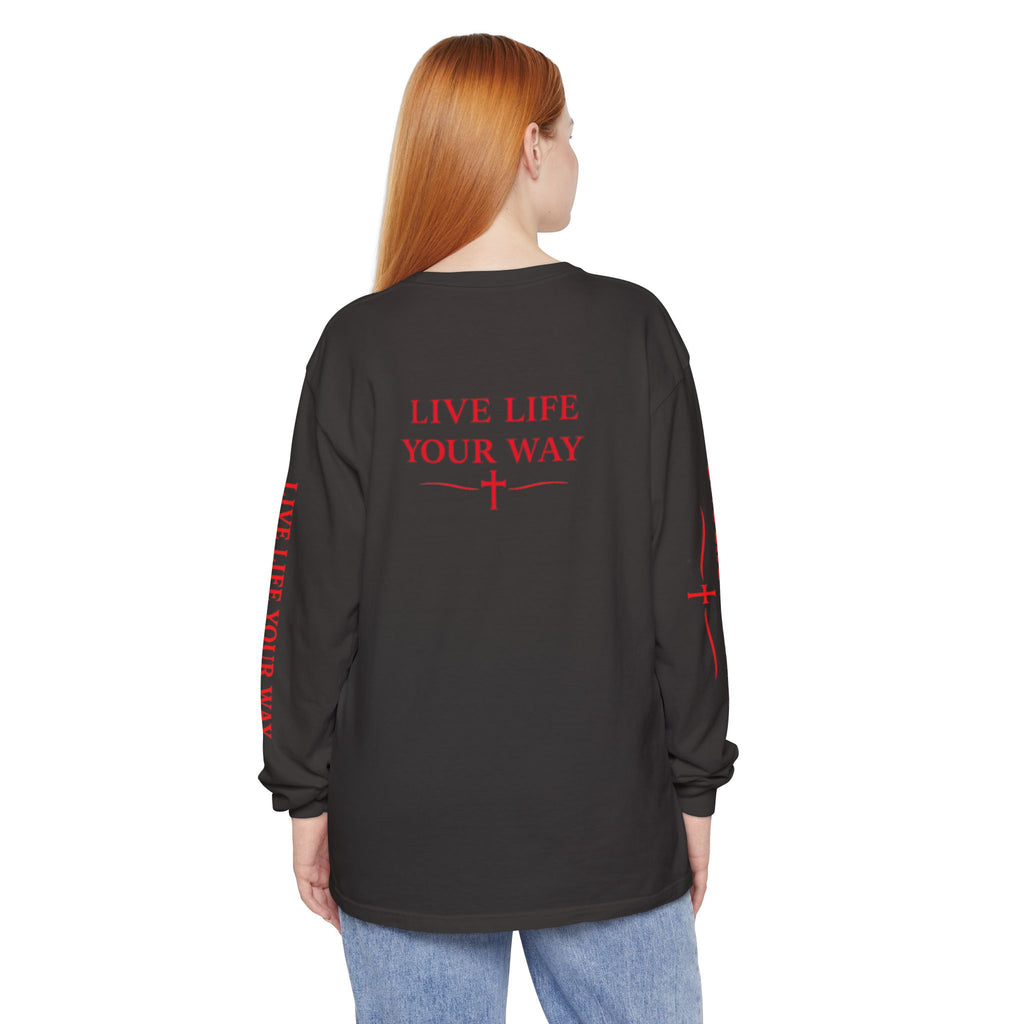 Camiseta de manga larga para hombre, Vive la vida a tu manera, Letras rojas