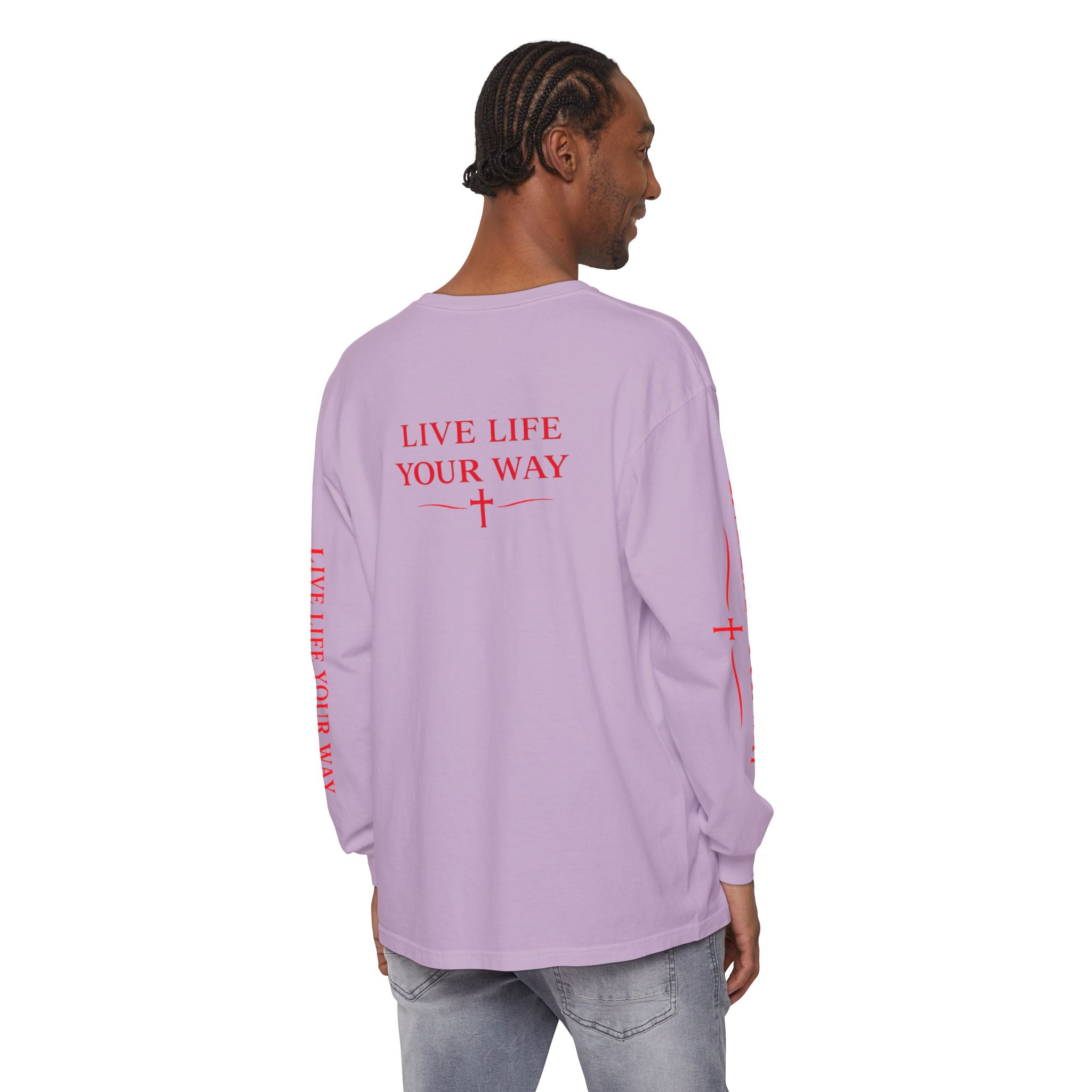 Camiseta de manga larga para hombre, Vive la vida a tu manera, Letras rojas