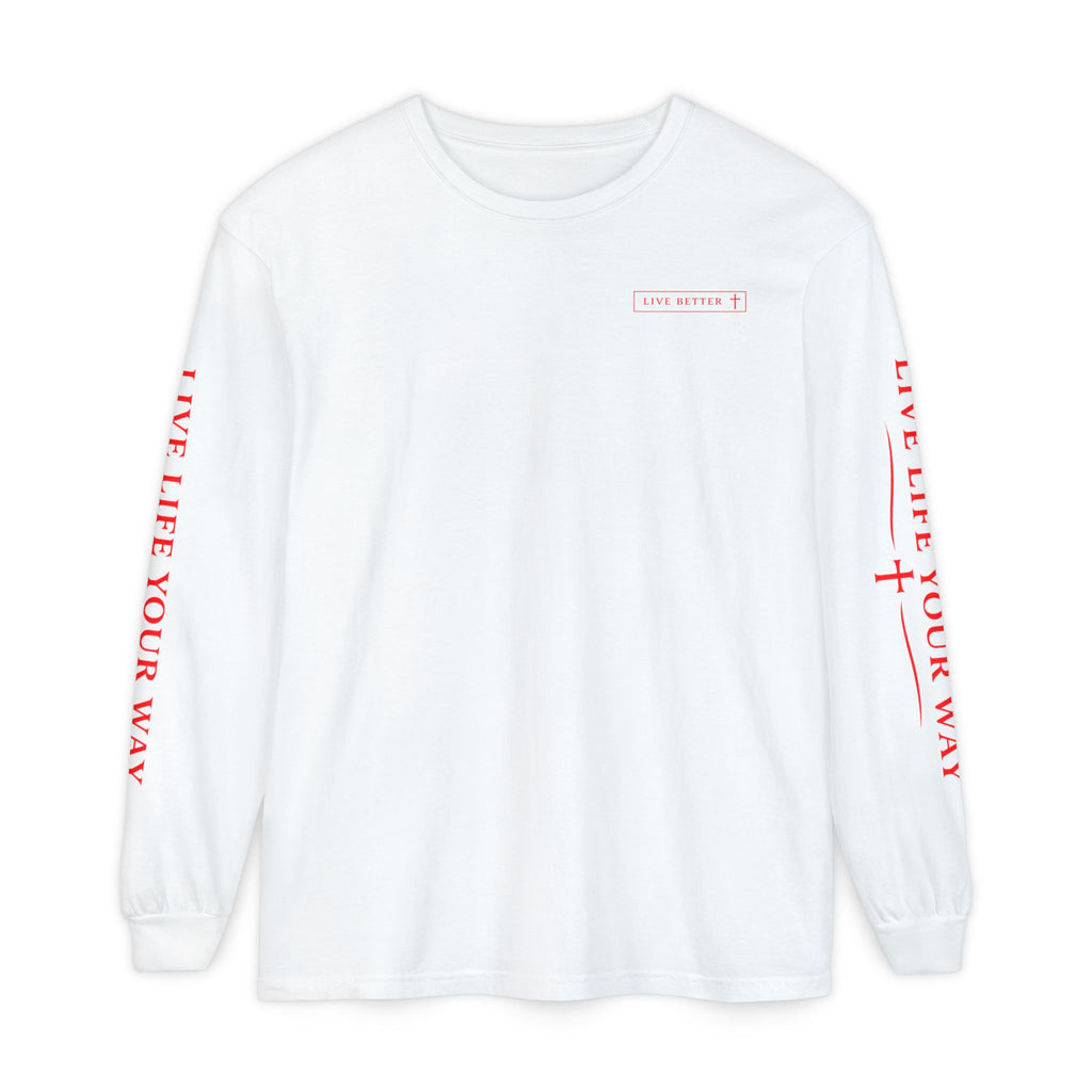 Camiseta de manga larga para hombre, Vive la vida a tu manera, Letras rojas