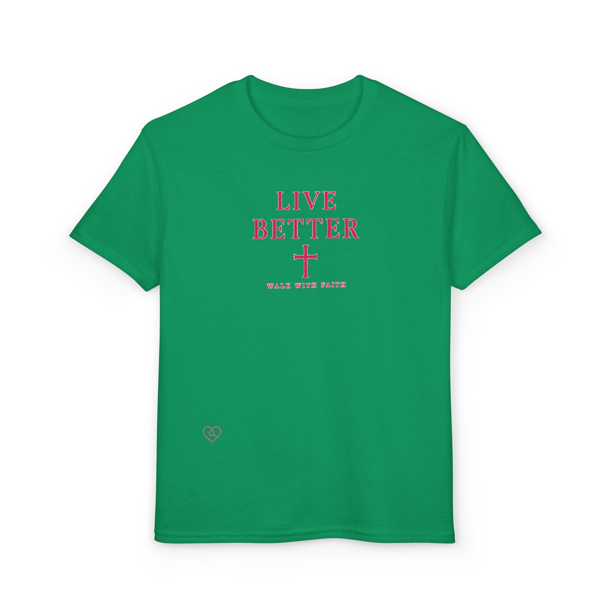 Camiseta juvenil — "Vive mejor, camina con fe" - Camiseta rosa con el lema "Fe"