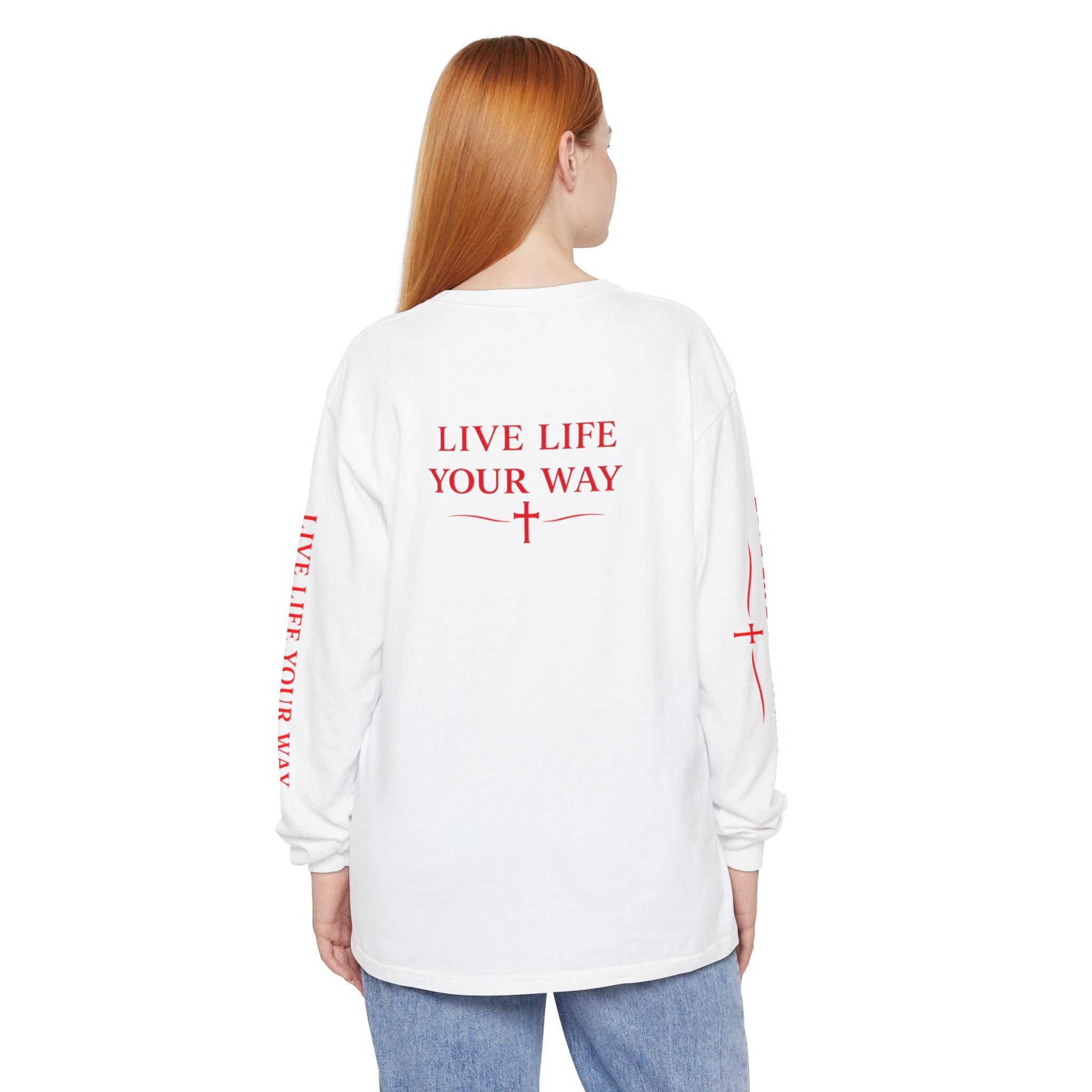 Camiseta de manga larga para hombre, Vive la vida a tu manera, Letras rojas