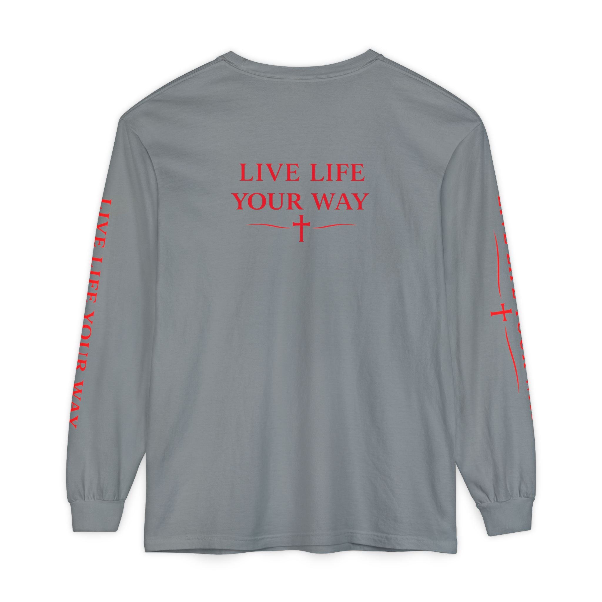 Camiseta de manga larga para hombre, Vive la vida a tu manera, Letras rojas