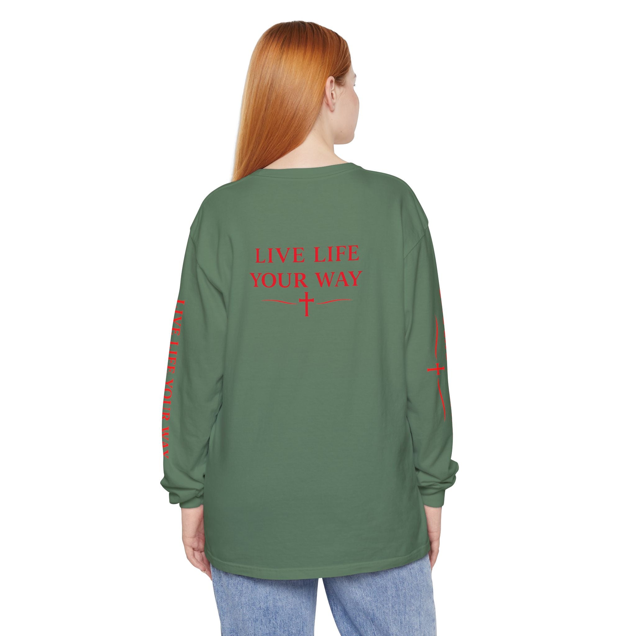 Camiseta de manga larga para hombre, Vive la vida a tu manera, Letras rojas