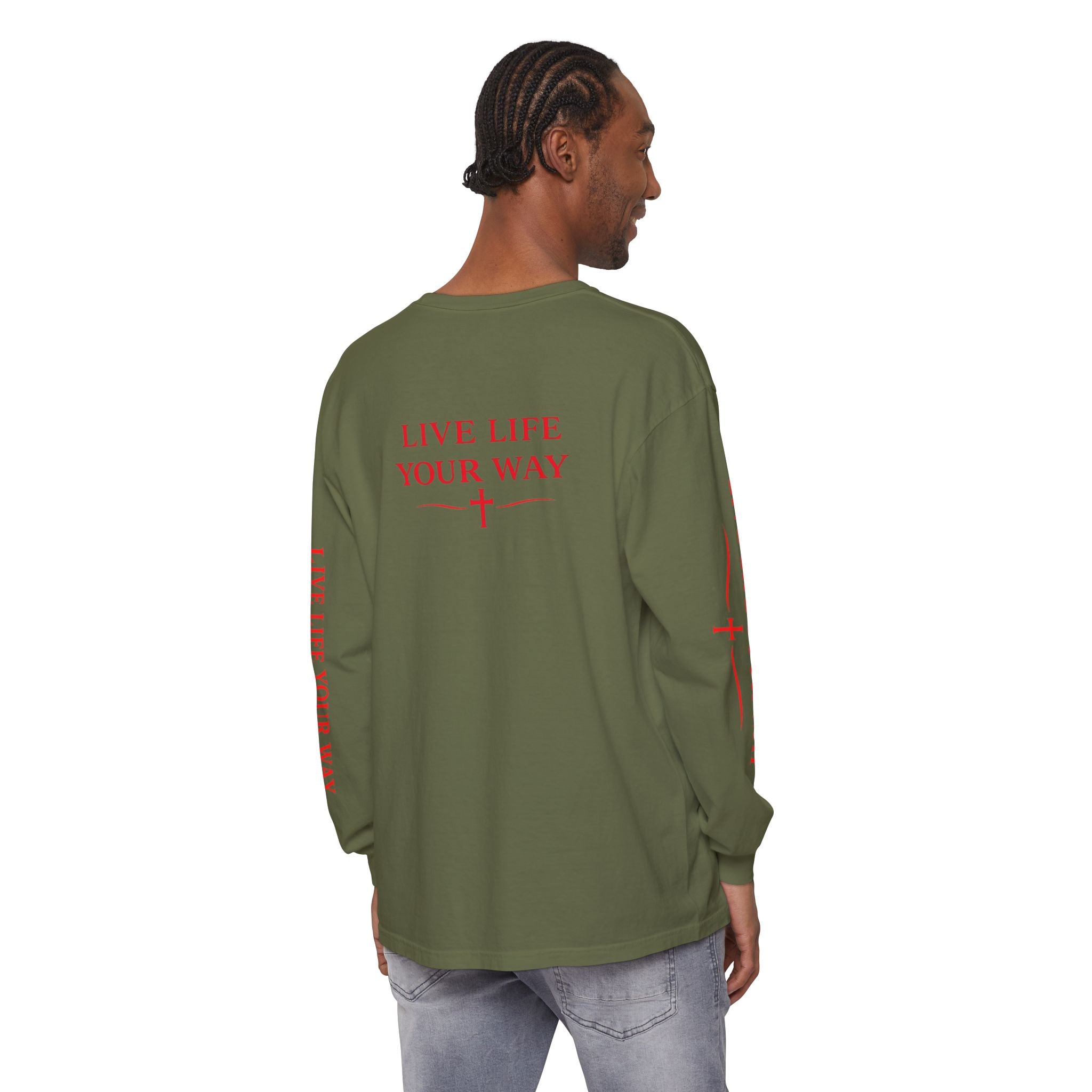 Camiseta de manga larga para hombre, Vive la vida a tu manera, Letras rojas