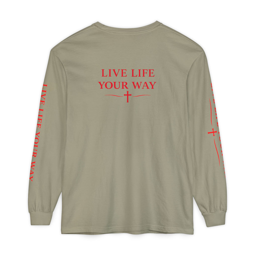 Camiseta de manga larga para hombre, Vive la vida a tu manera, Letras rojas
