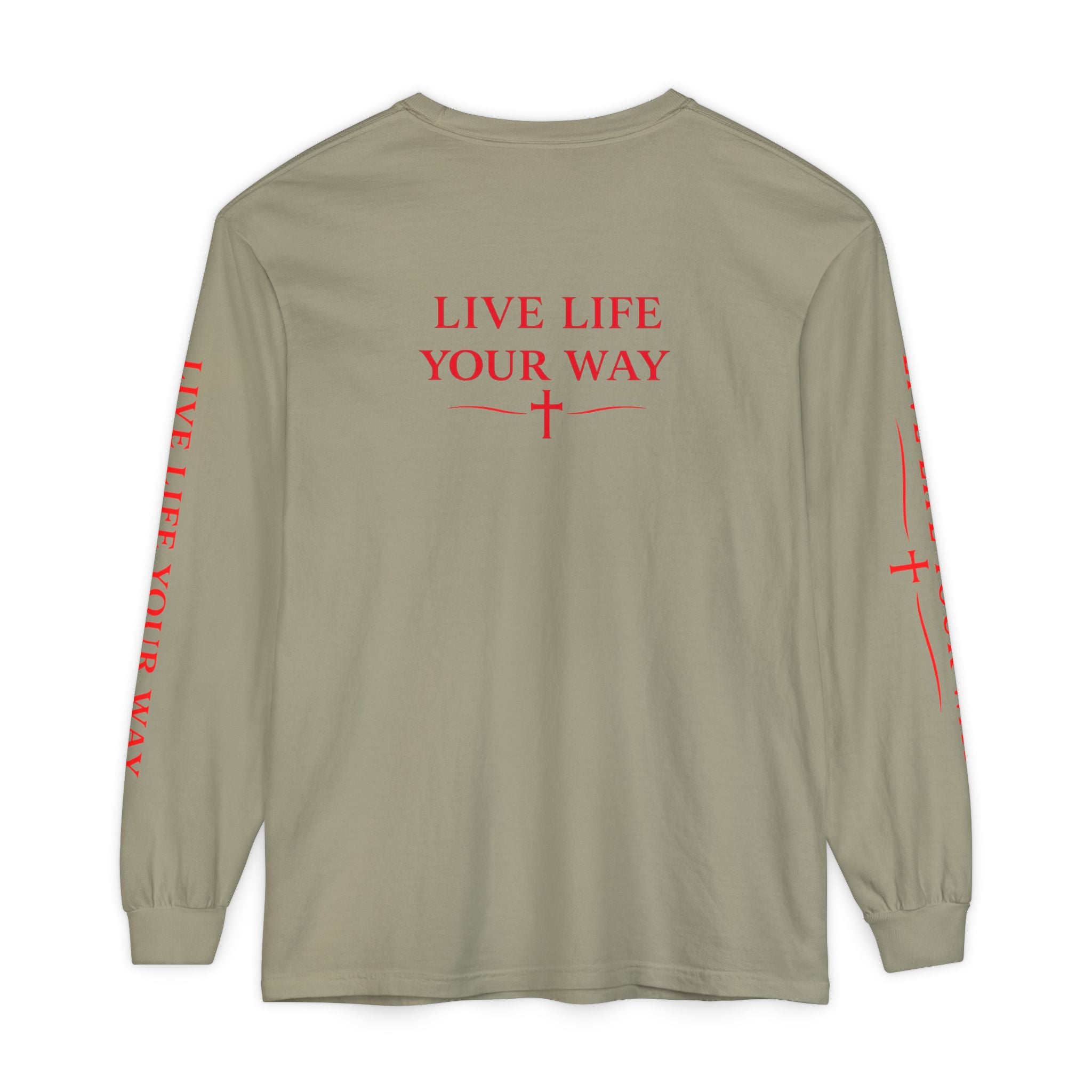 Camiseta de manga larga para hombre, Vive la vida a tu manera, Letras rojas