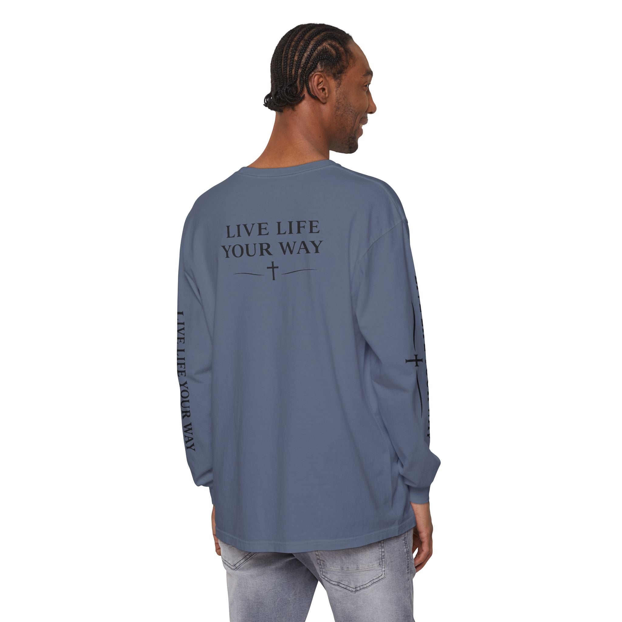 Camiseta de manga larga para hombre, "Vive la vida a tu manera", letras negras