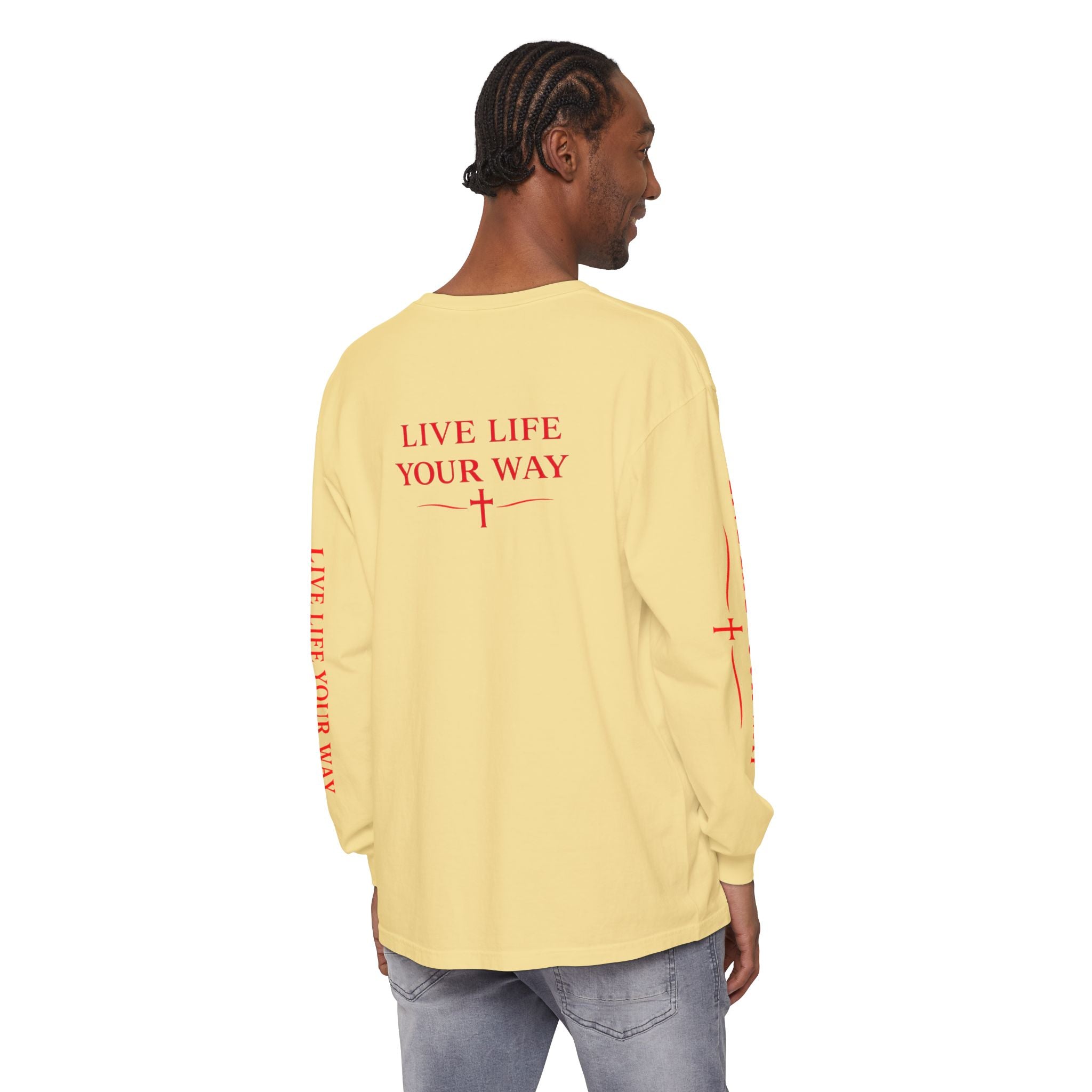 Camiseta de manga larga para hombre, Vive la vida a tu manera, Letras rojas