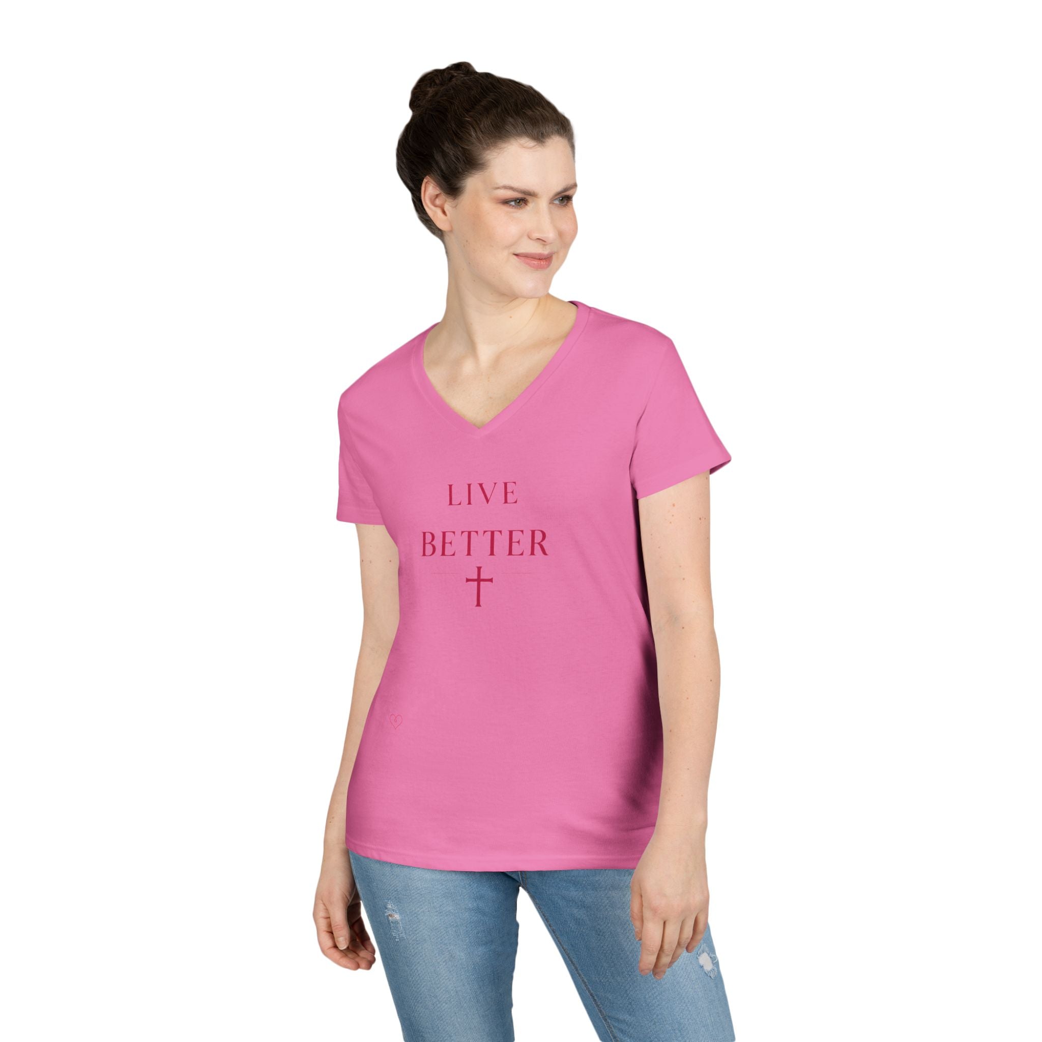 Camiseta con cuello en V "Vive Mejor" para mujer — Camiseta cristiana inspiradora femenina con cruz