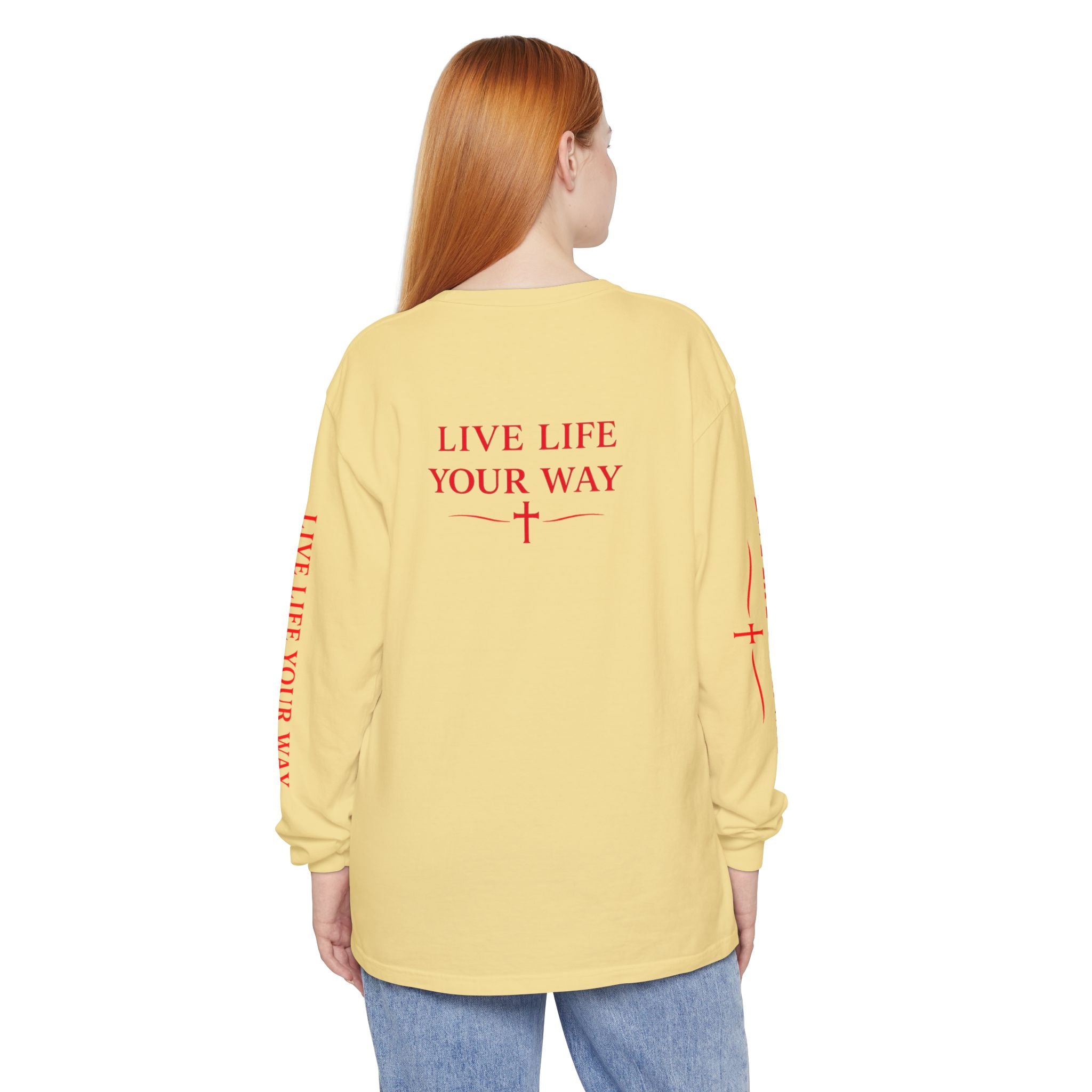 Camiseta de manga larga para hombre, Vive la vida a tu manera, Letras rojas