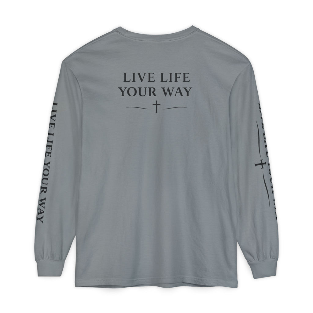 Camiseta de manga larga para hombre, "Vive la vida a tu manera", letras negras