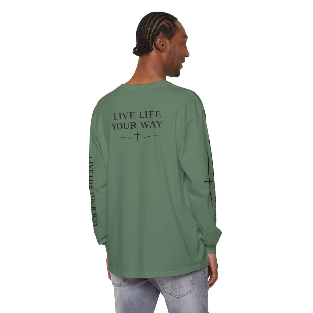 Camiseta de manga larga para hombre, "Vive la vida a tu manera", letras negras
