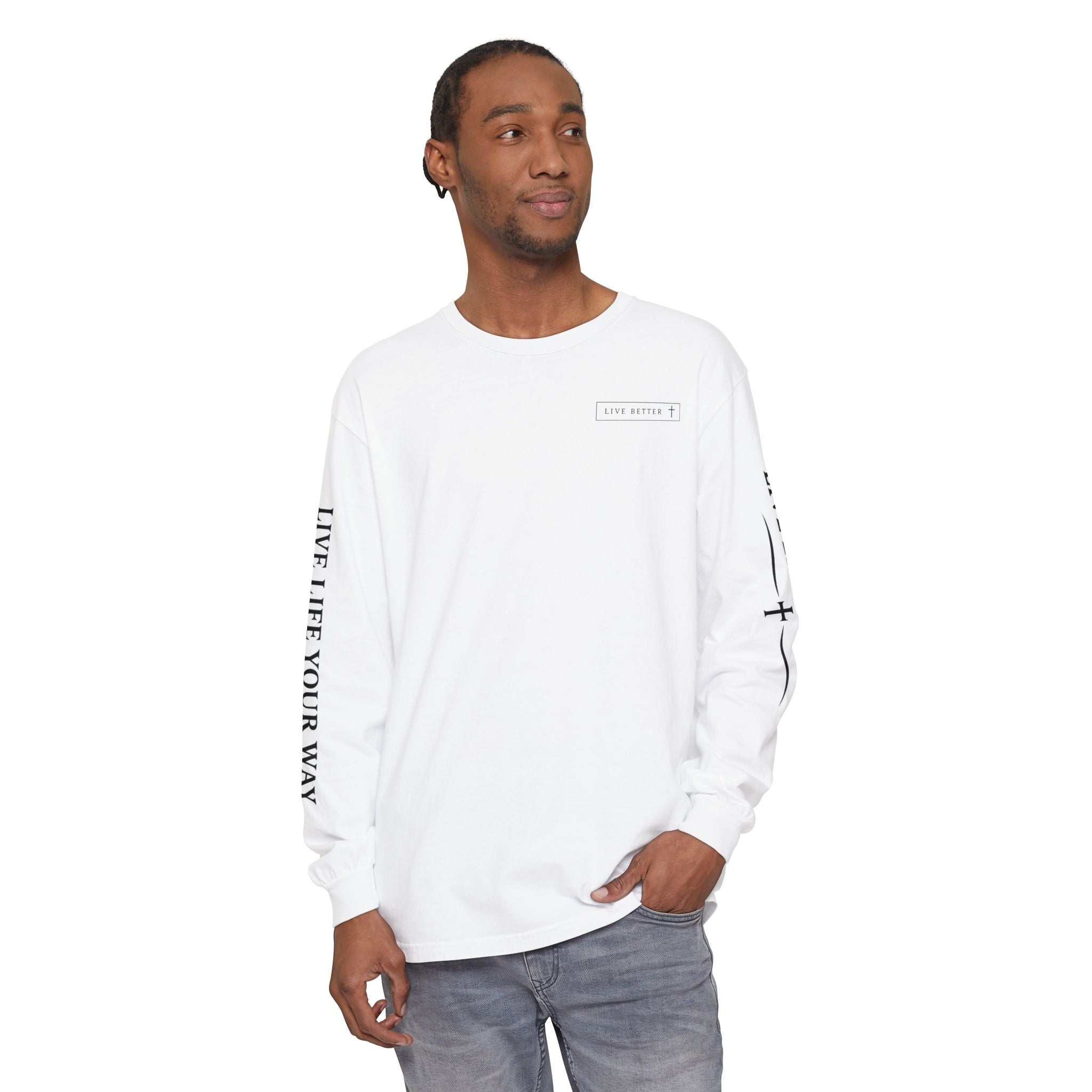 Camiseta de manga larga para hombre, "Vive la vida a tu manera", letras negras
