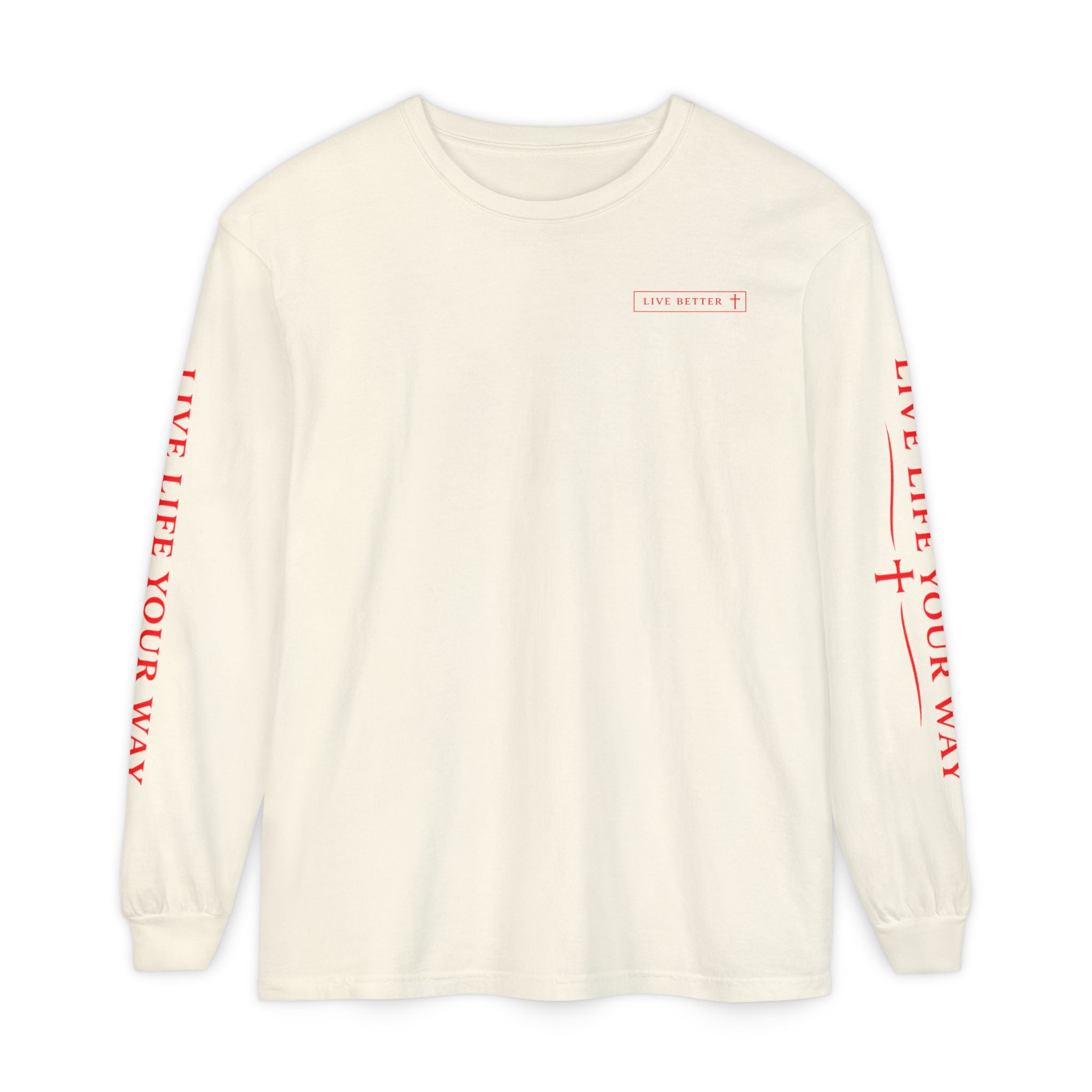 Camiseta de manga larga para hombre, Vive la vida a tu manera, Letras rojas
