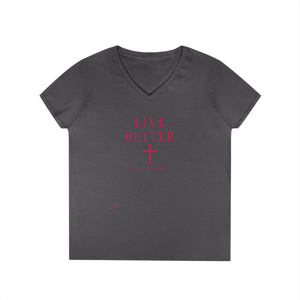 Camiseta de mujer con cuello en V "Live Better Peace Over Pressure" — Camiseta cristiana inspiradora femenina con cruz