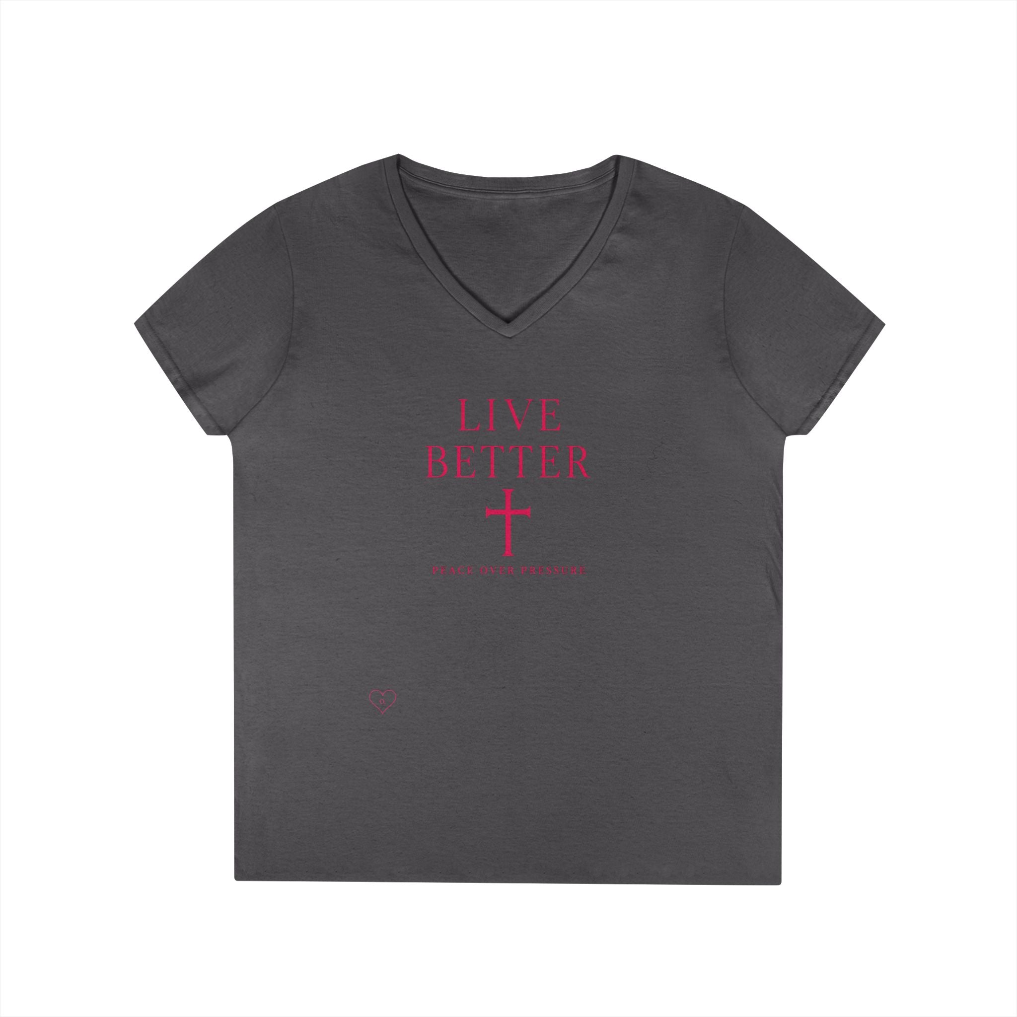 Camiseta de mujer con cuello en V "Live Better Peace Over Pressure" — Camiseta cristiana inspiradora femenina con cruz