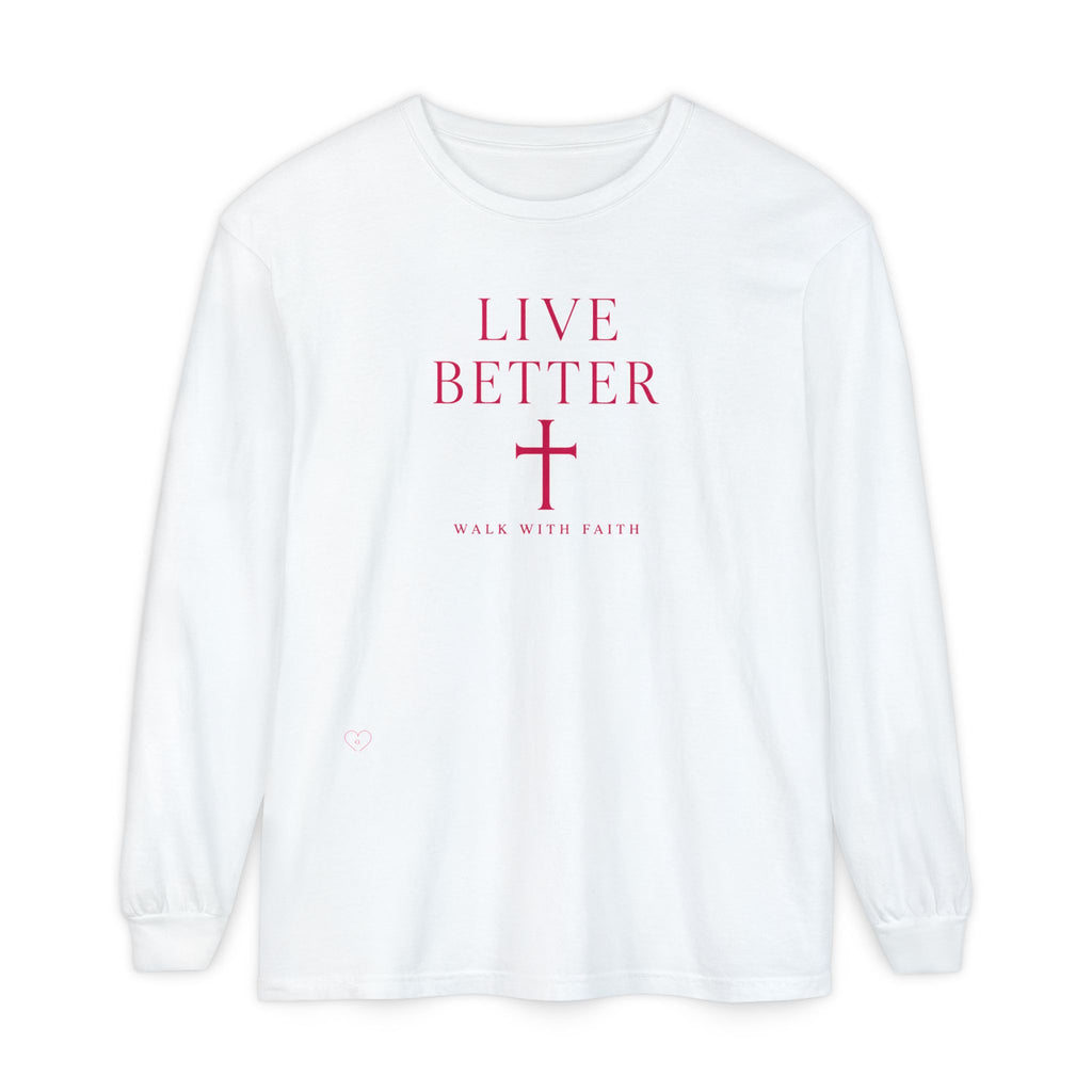 Camiseta de manga larga unisex con cruz "Vive Mejor" — Camiseta cristiana "Camina con fe"