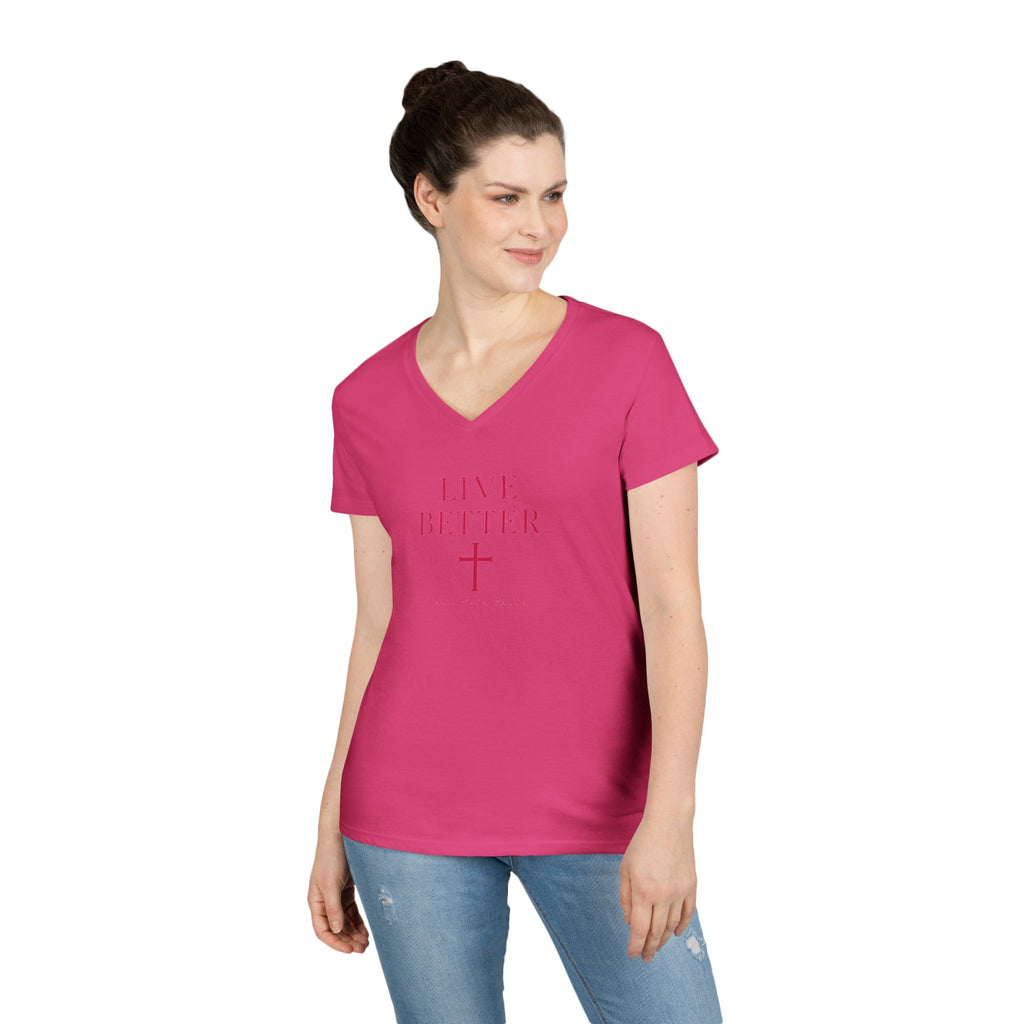 Camiseta de cuello de pico para mujer "Vive mejor, camina con fe" — Camiseta cristiana inspiradora femenina con cruz