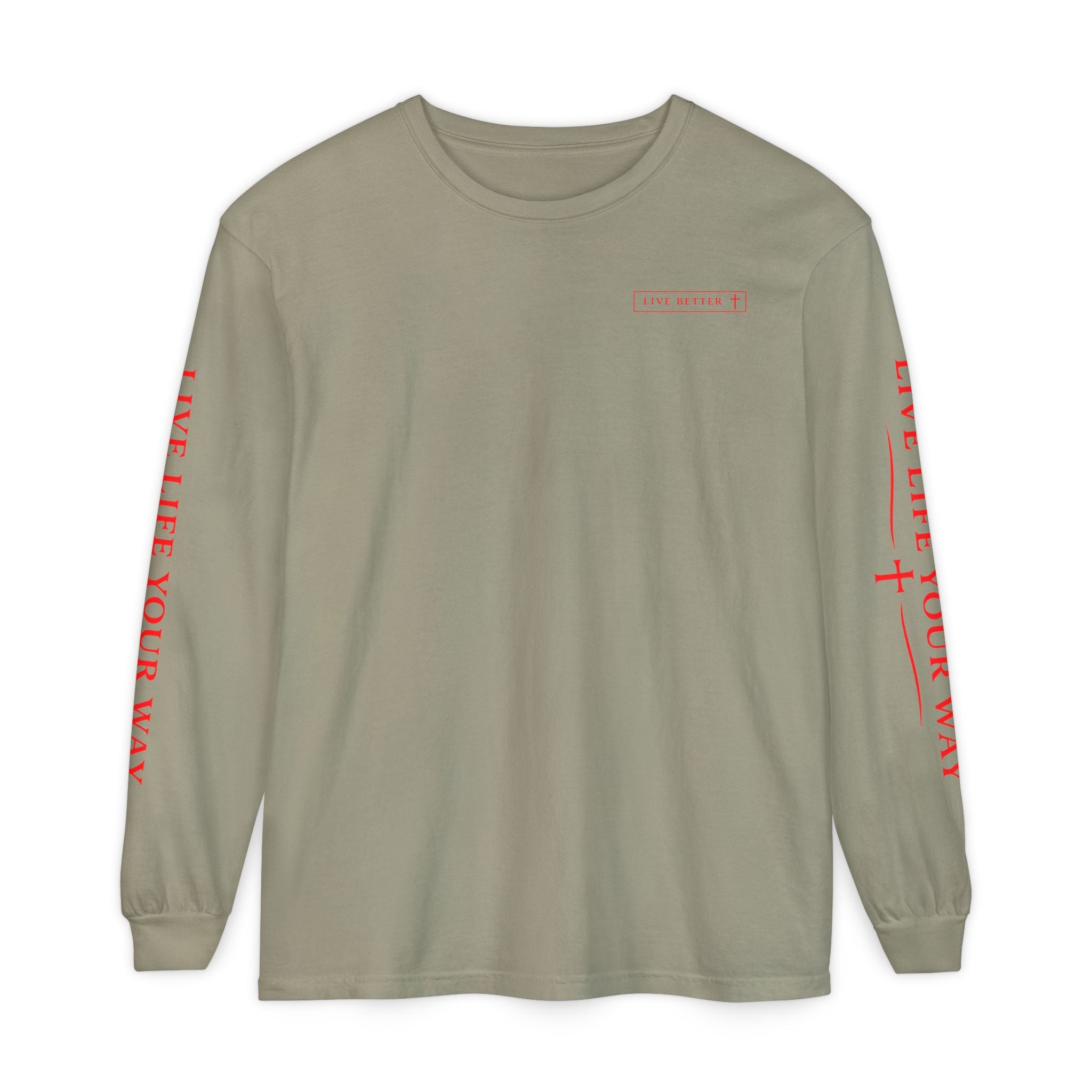 Camiseta de manga larga para hombre, Vive la vida a tu manera, Letras rojas