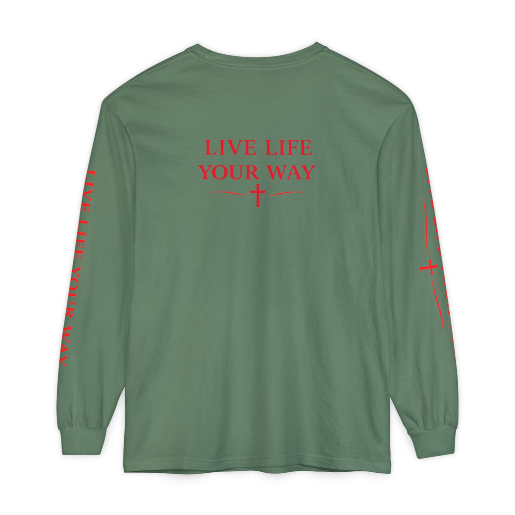 Camiseta de manga larga para hombre, Vive la vida a tu manera, Letras rojas