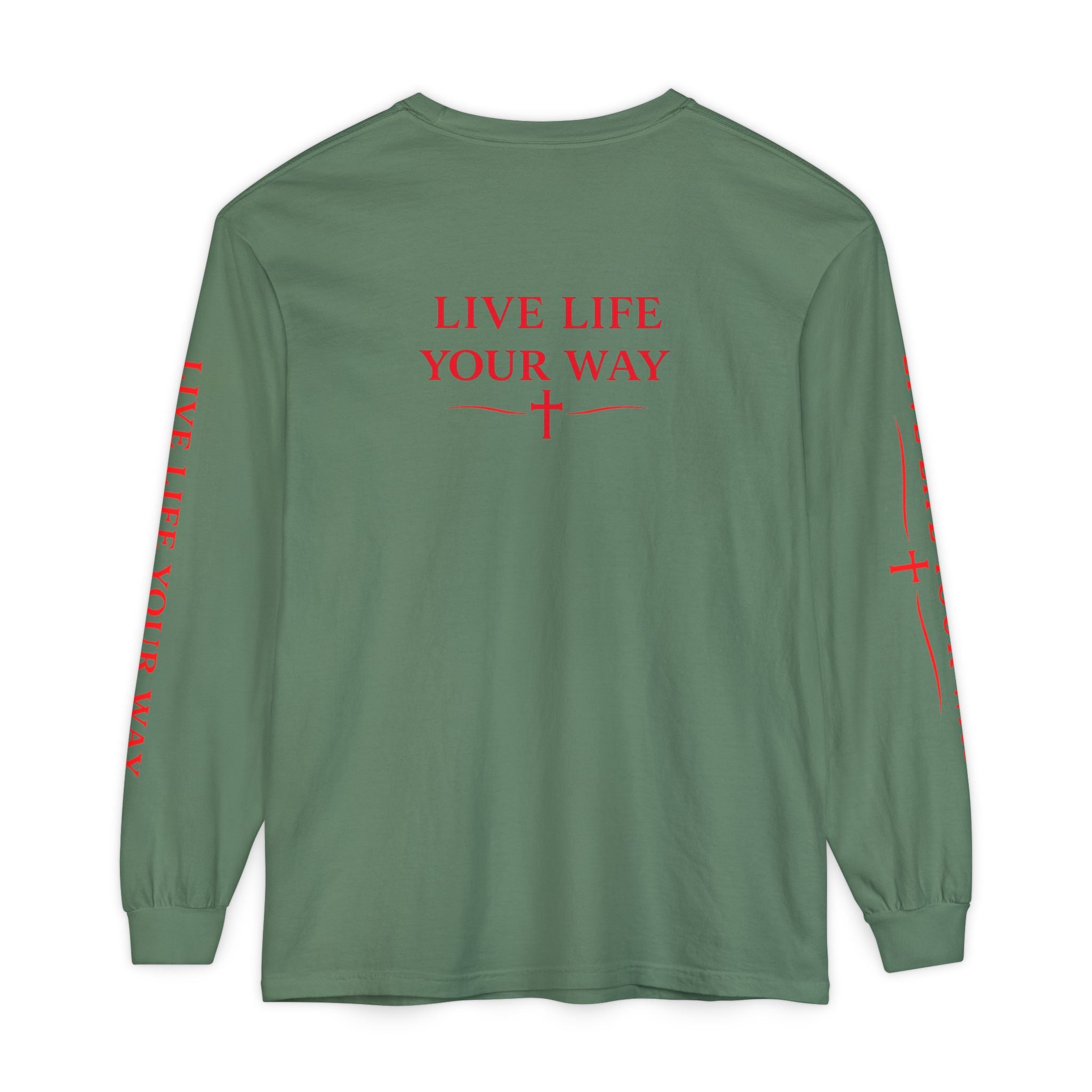 Camiseta de manga larga para hombre, Vive la vida a tu manera, Letras rojas