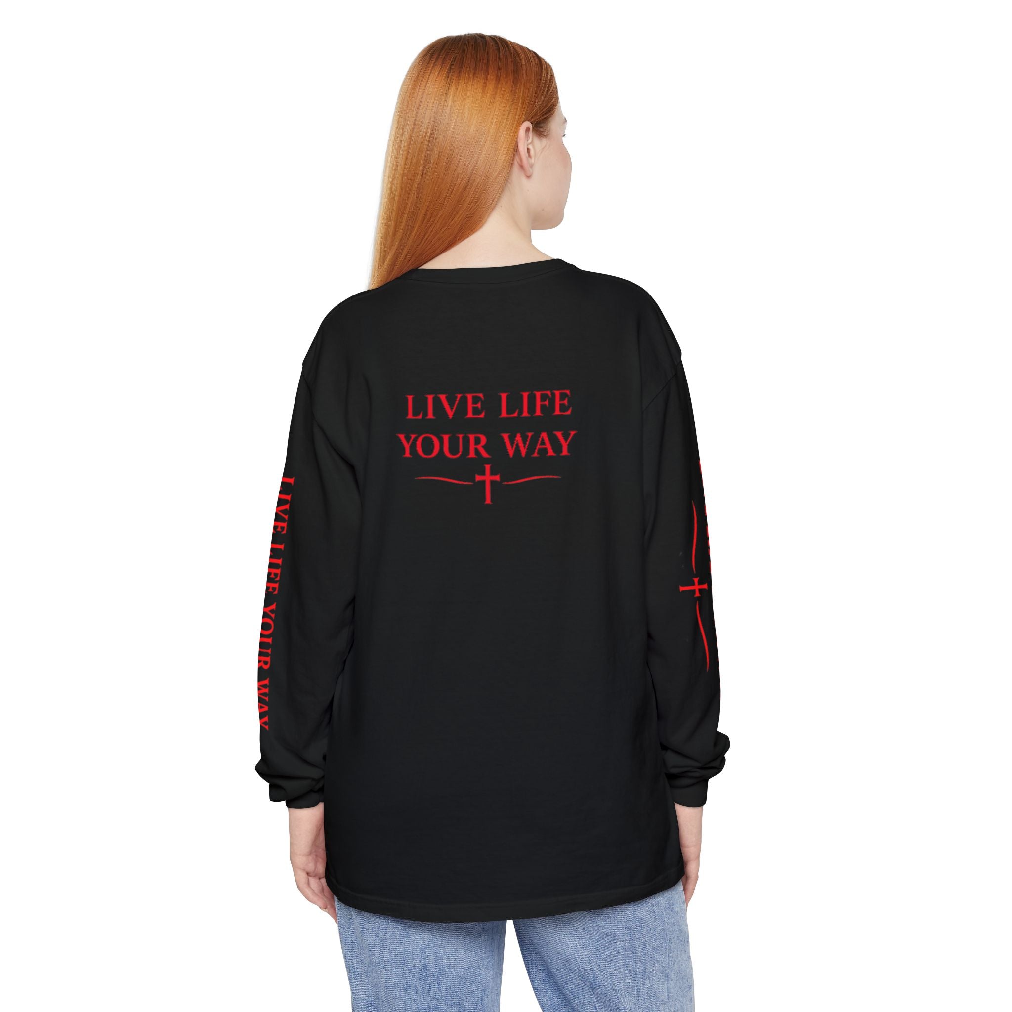 Camiseta de manga larga para hombre, Vive la vida a tu manera, Letras rojas