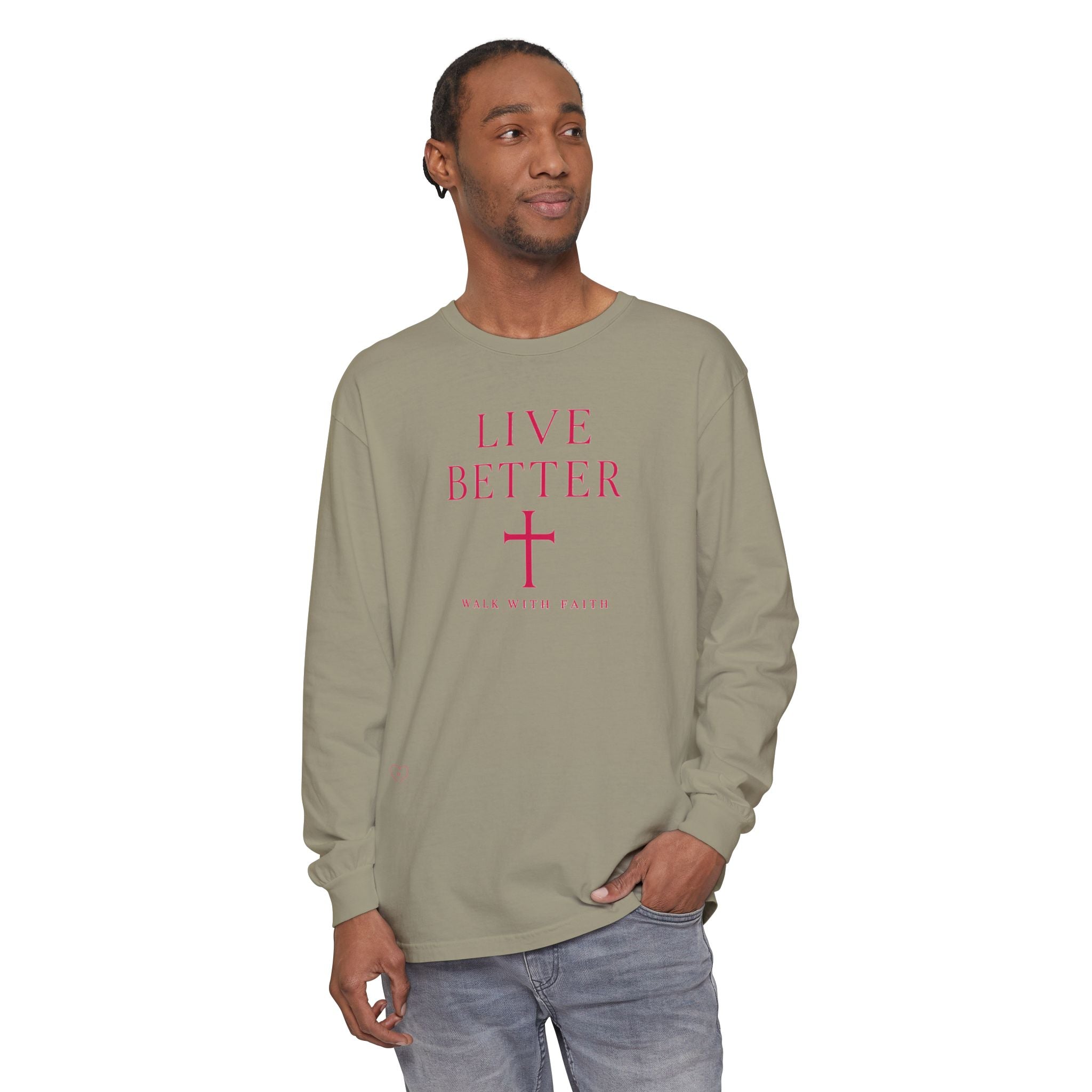 Camiseta de manga larga unisex con cruz "Vive Mejor" — Camiseta cristiana "Camina con fe"