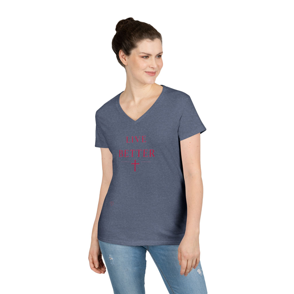 Camiseta con cuello en V "Vive Mejor" para mujer — Camiseta cristiana inspiradora femenina con cruz