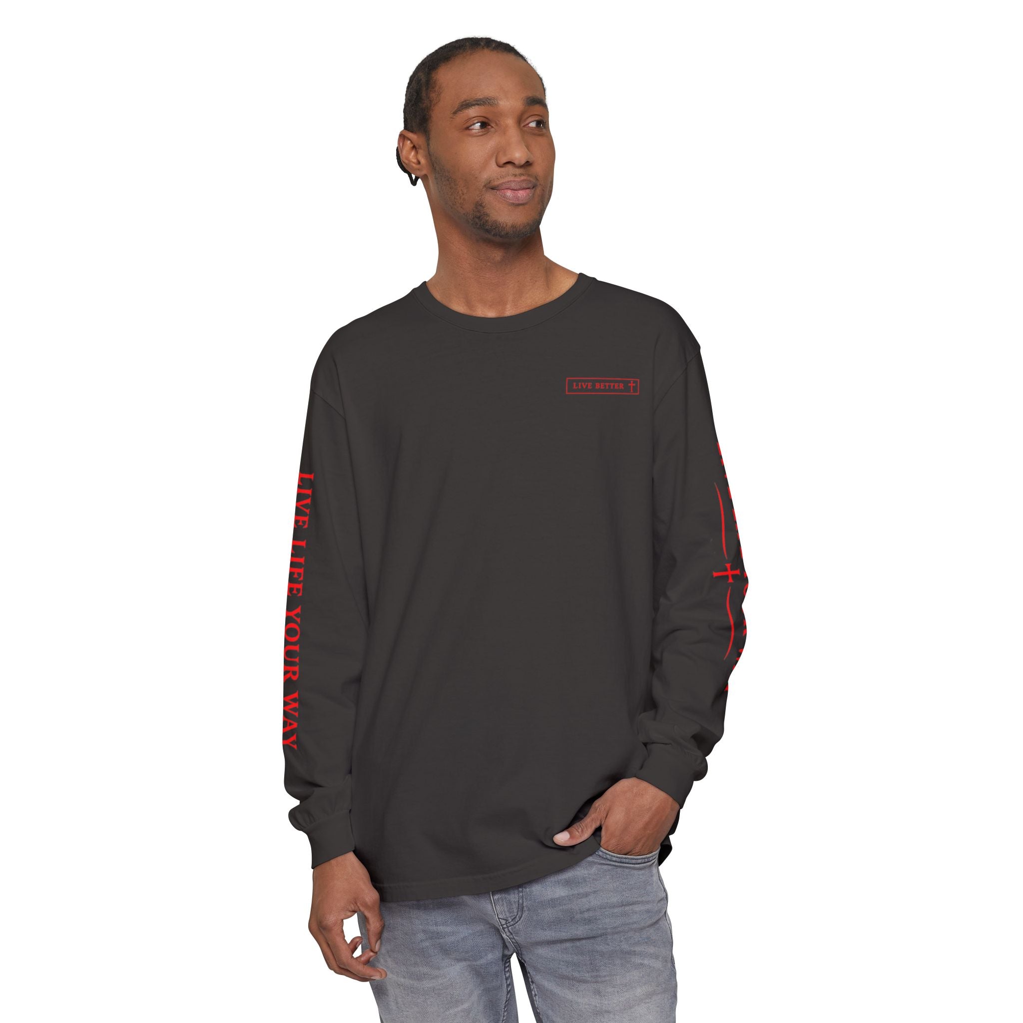 Camiseta de manga larga para hombre, Vive la vida a tu manera, Letras rojas