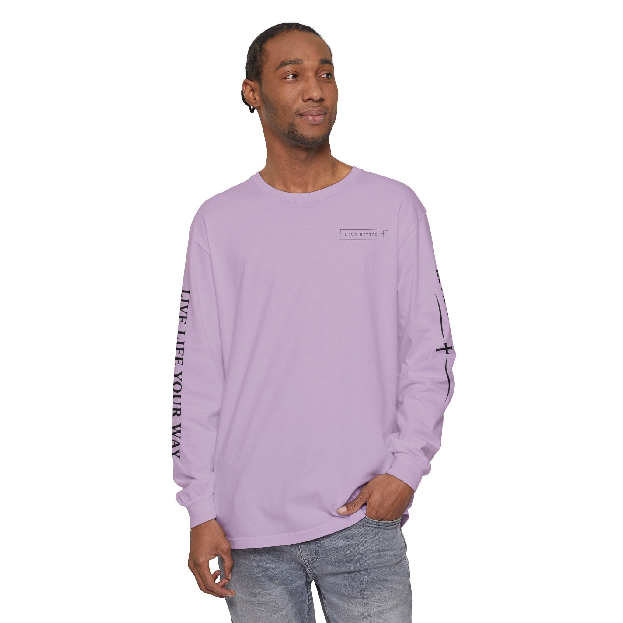 Camiseta de manga larga para hombre, "Vive la vida a tu manera", letras negras