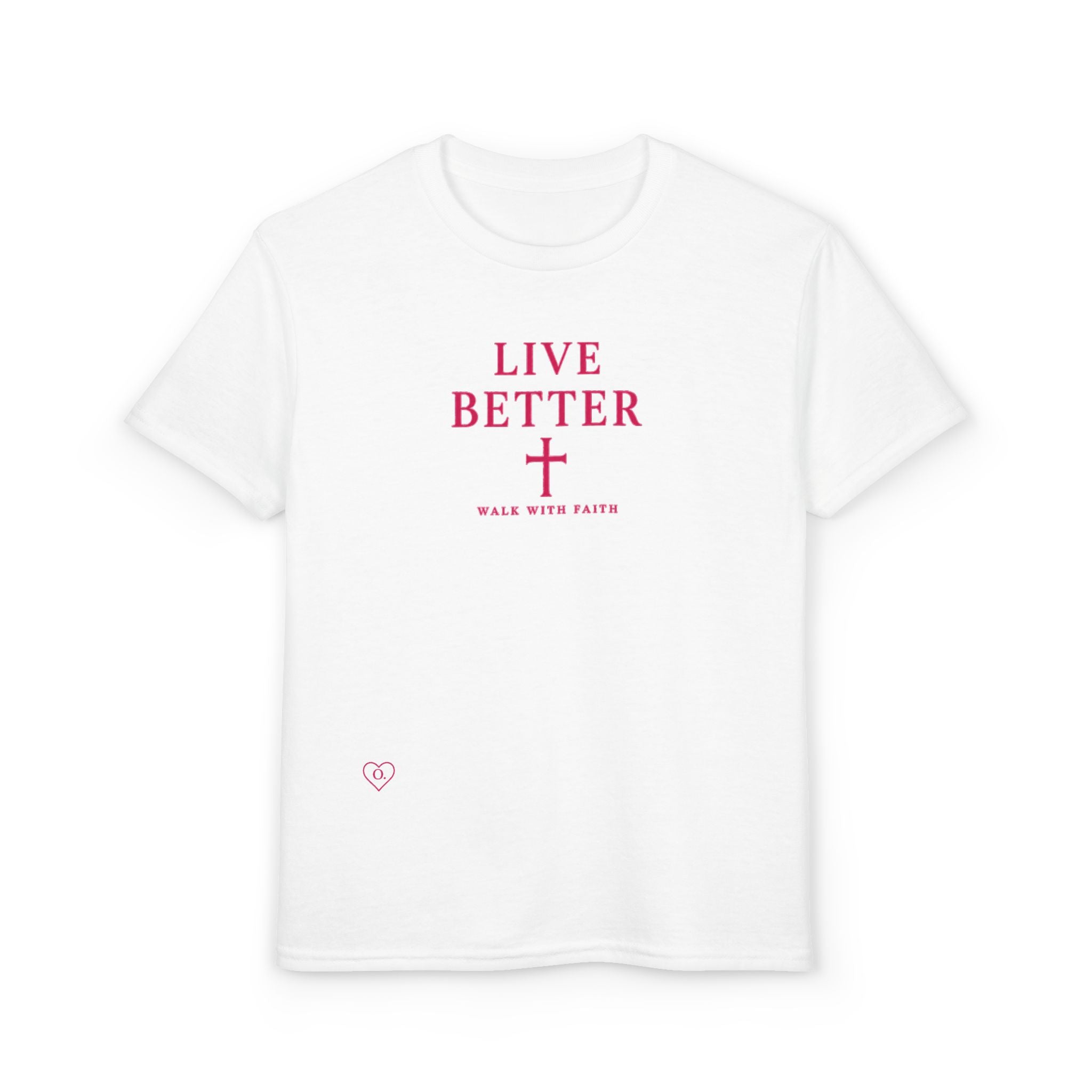 Camiseta juvenil — "Vive mejor, camina con fe" - Camiseta rosa con el lema "Fe"
