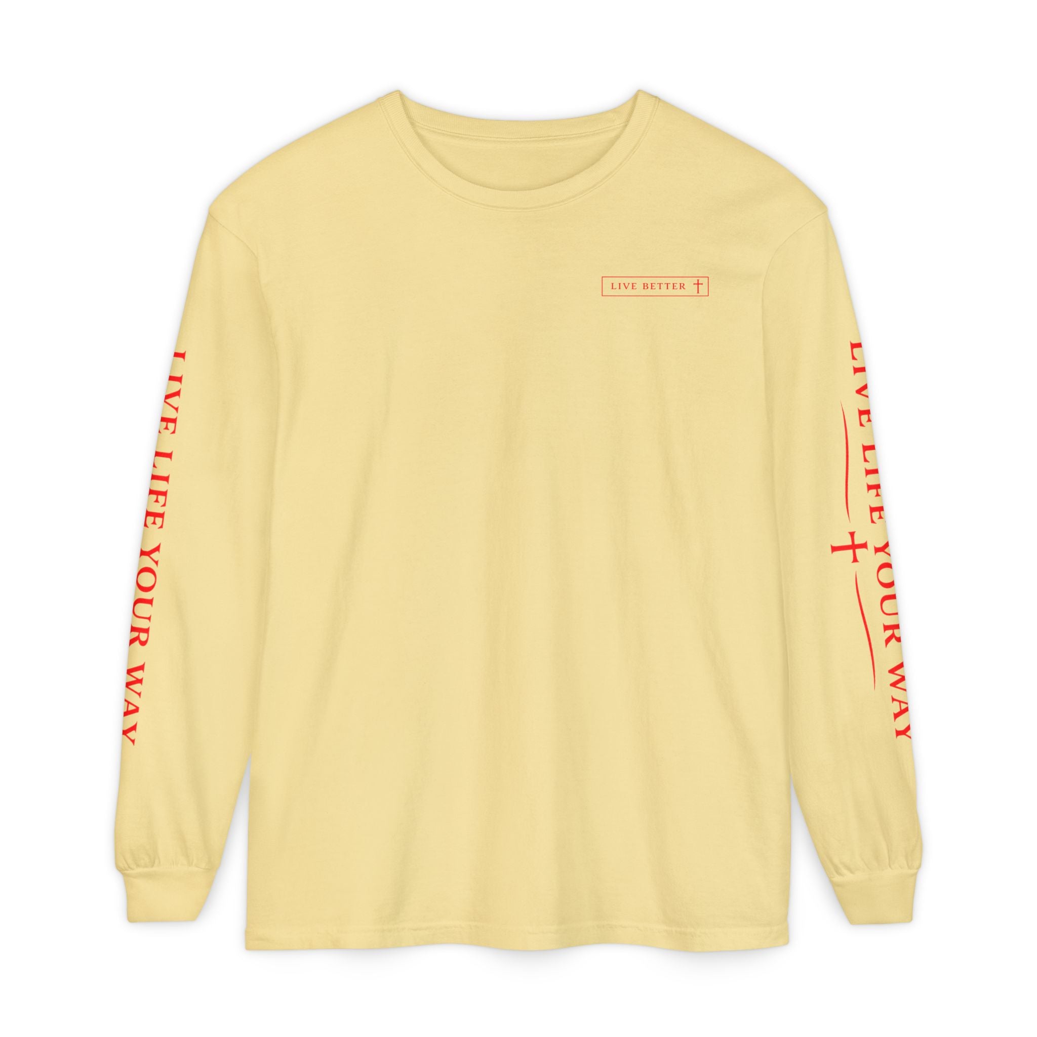 Camiseta de manga larga para hombre, Vive la vida a tu manera, Letras rojas