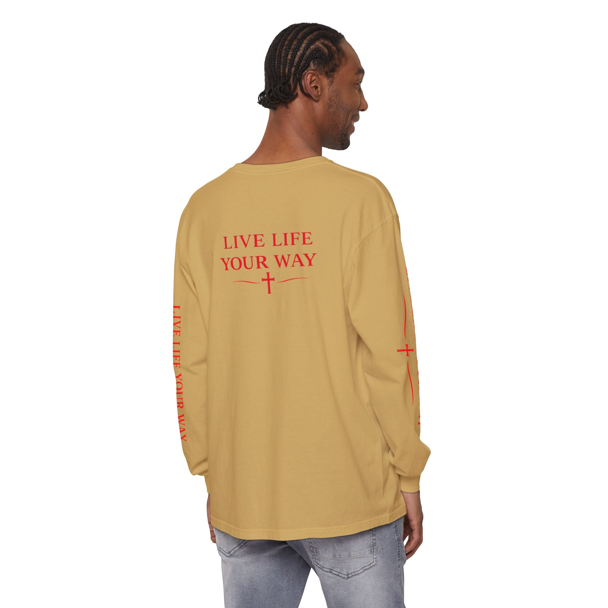 Camiseta de manga larga para hombre, Vive la vida a tu manera, Letras rojas