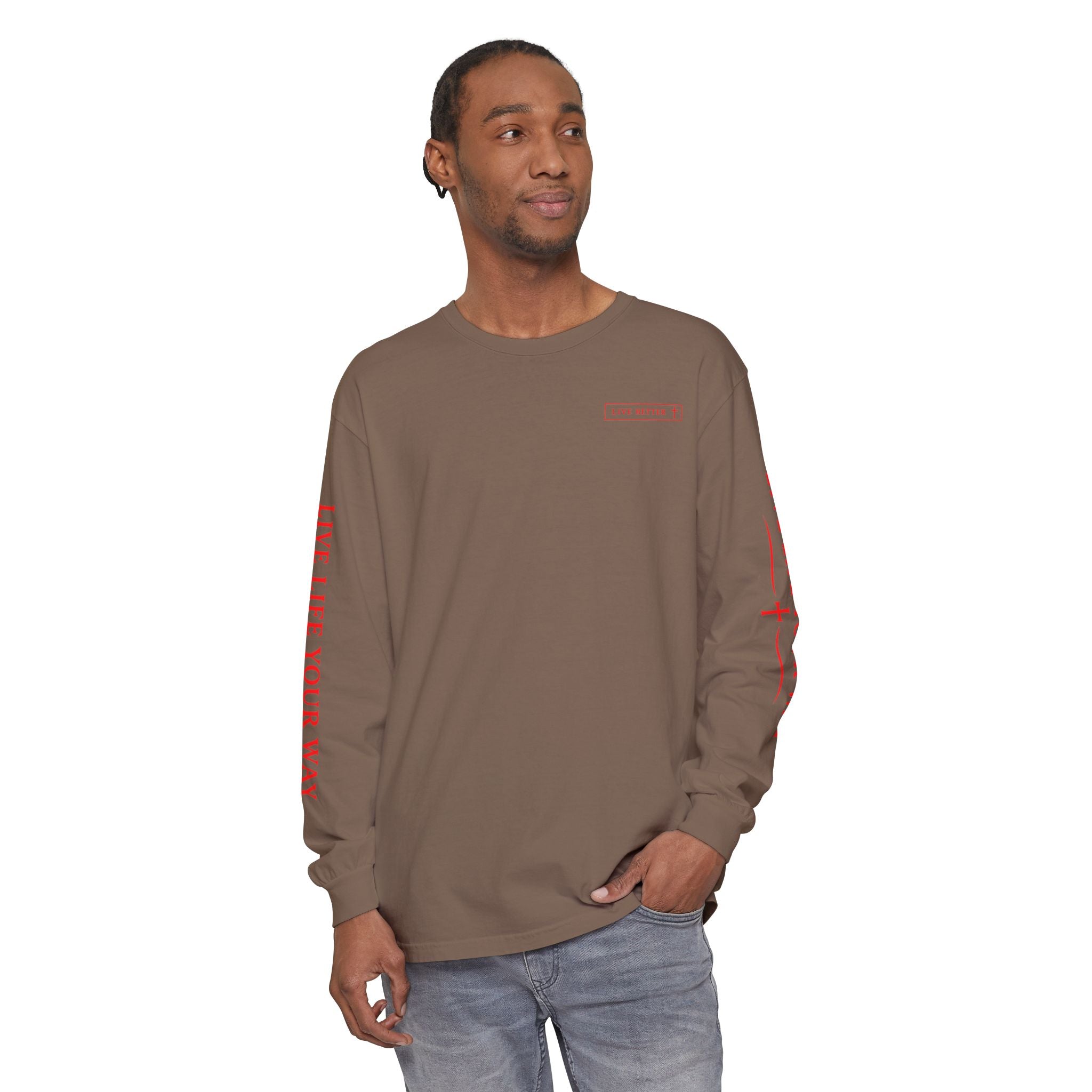 Camiseta de manga larga para hombre, Vive la vida a tu manera, Letras rojas
