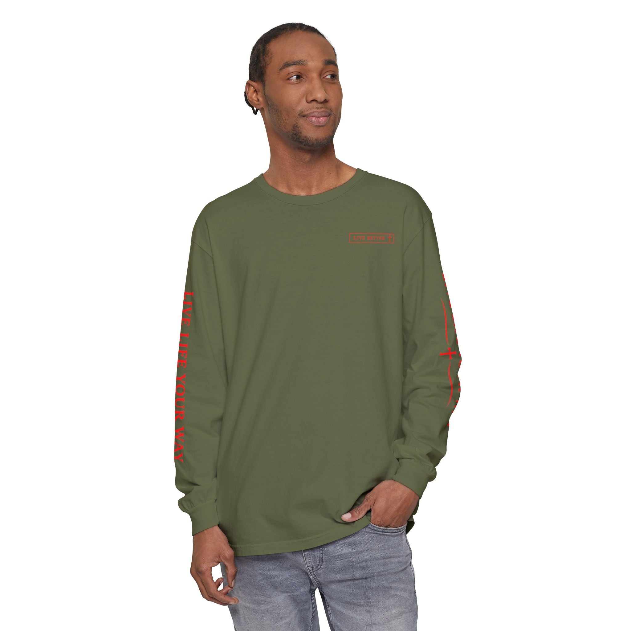 Camiseta de manga larga para hombre, Vive la vida a tu manera, Letras rojas