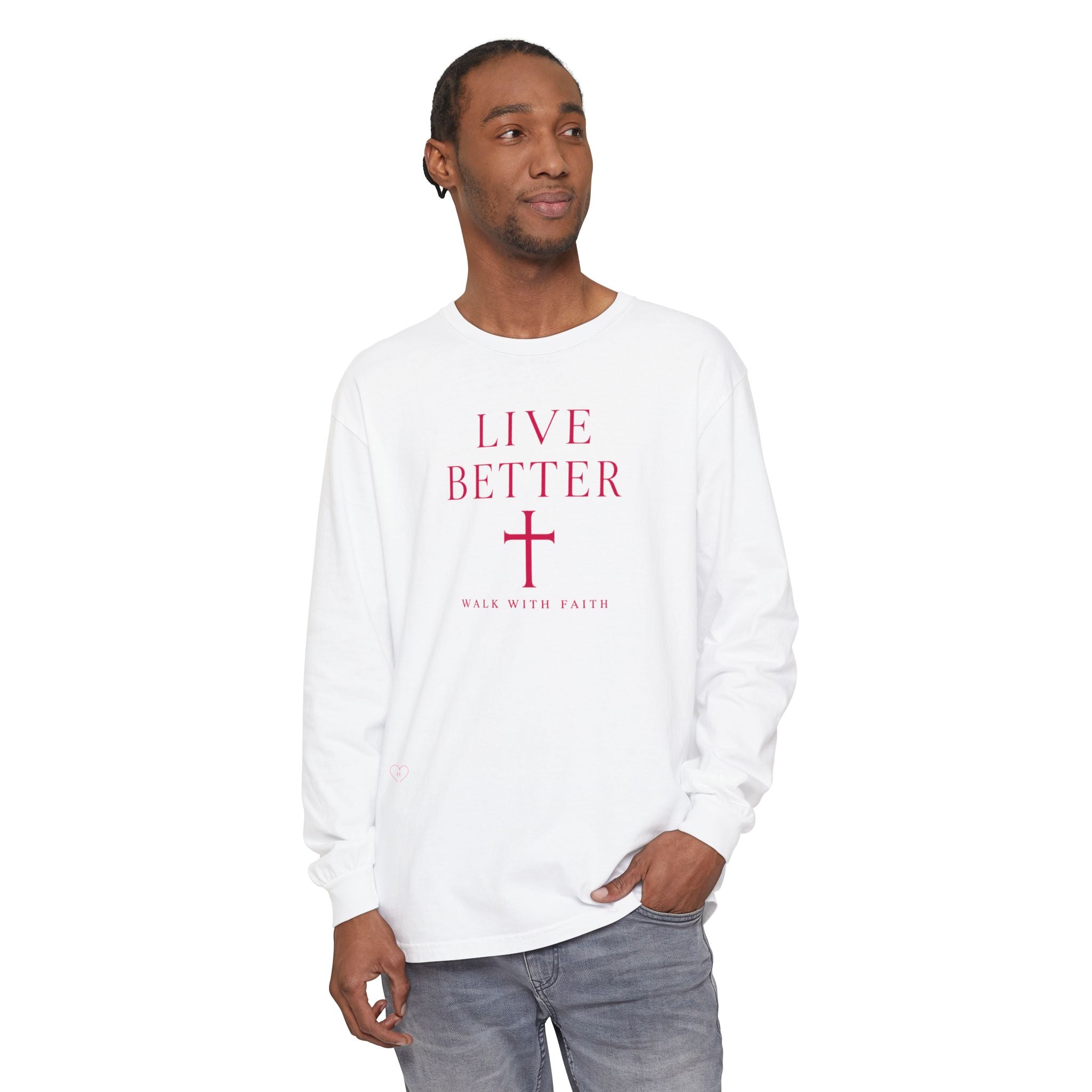 Camiseta de manga larga unisex con cruz "Vive Mejor" — Camiseta cristiana "Camina con fe"