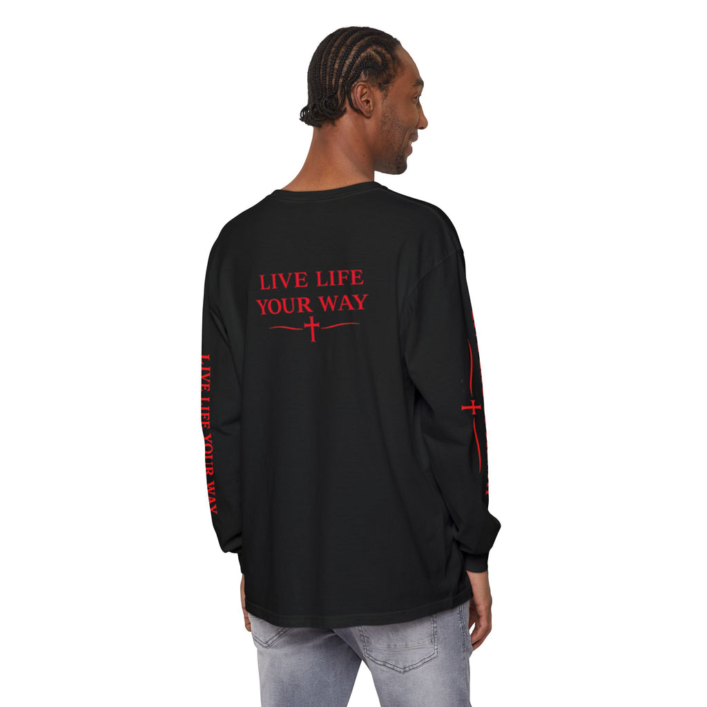 Camiseta de manga larga para hombre, Vive la vida a tu manera, Letras rojas
