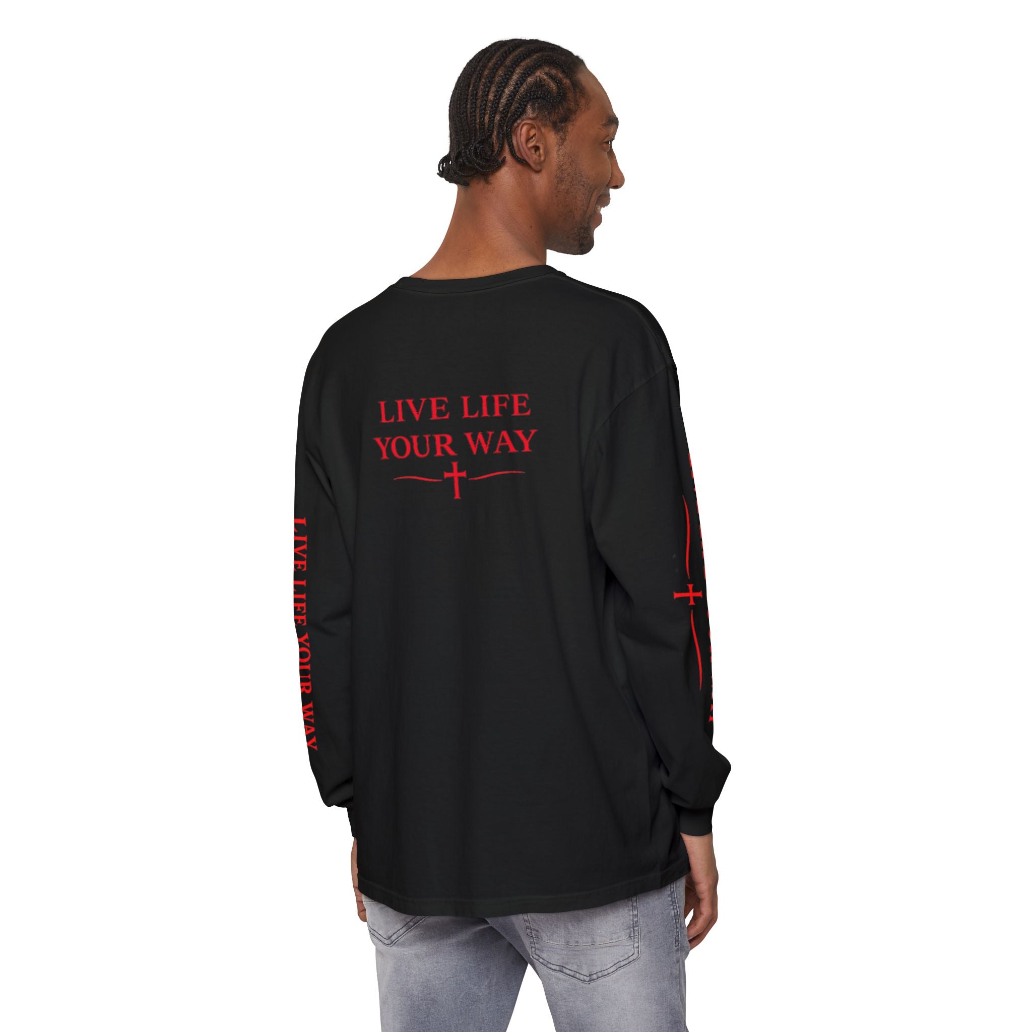 Camiseta de manga larga para hombre, Vive la vida a tu manera, Letras rojas