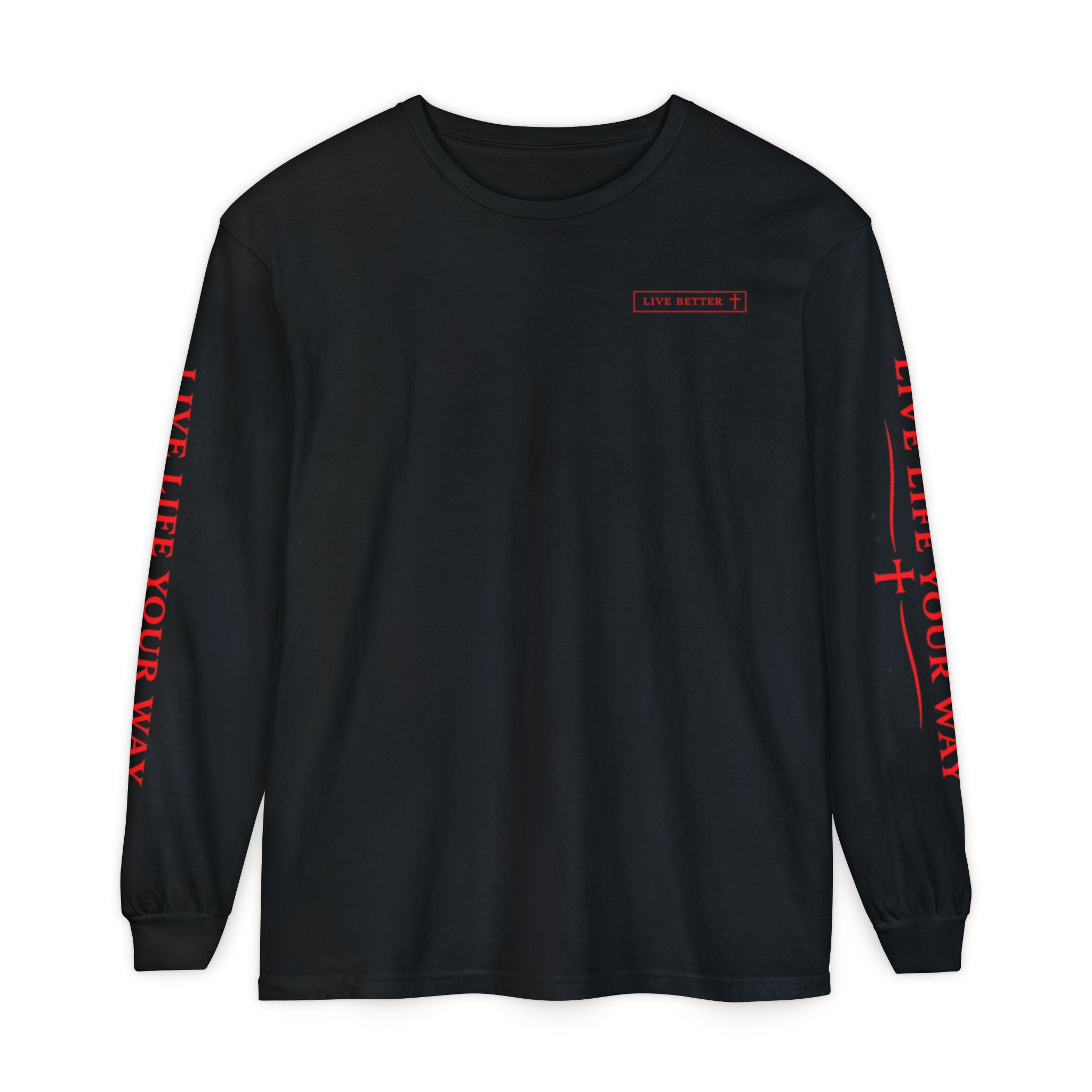 Camiseta de manga larga para hombre, Vive la vida a tu manera, Letras rojas