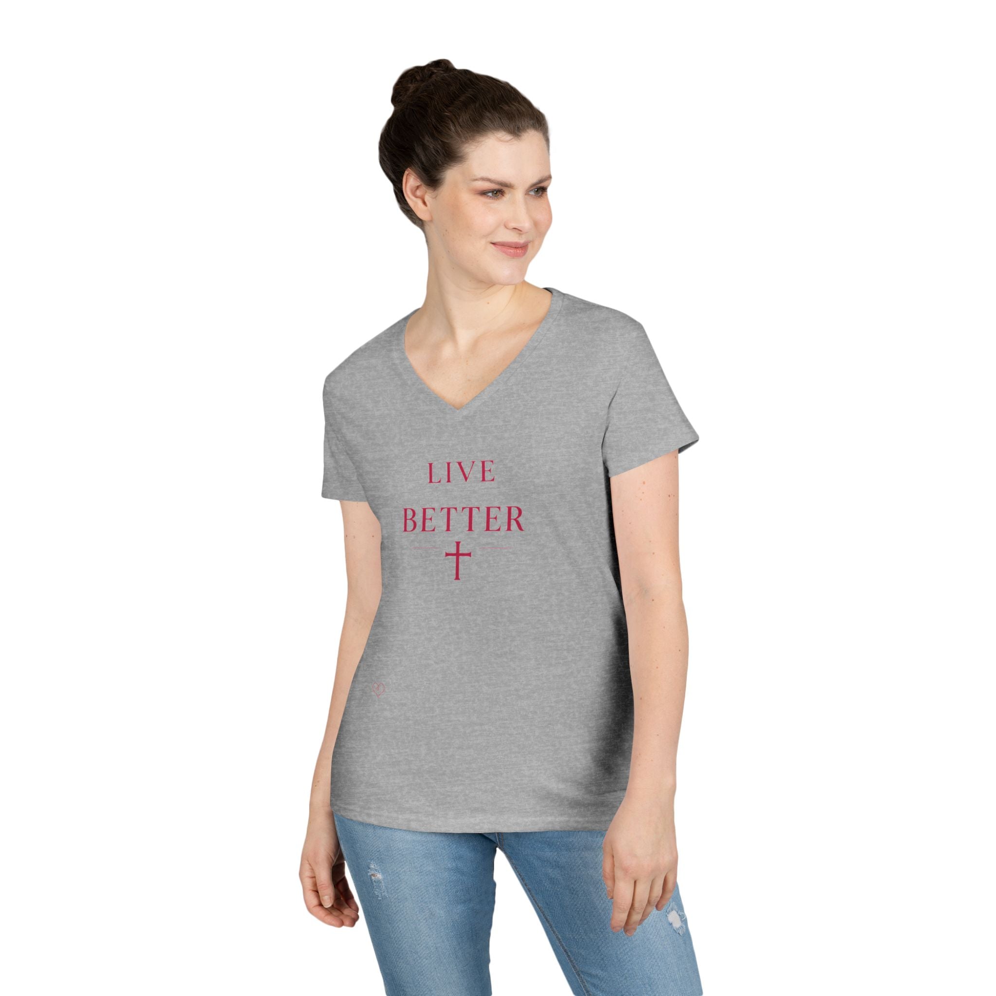 Camiseta con cuello en V "Vive Mejor" para mujer — Camiseta cristiana inspiradora femenina con cruz