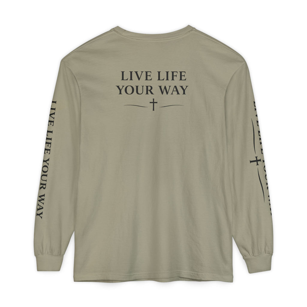 Camiseta de manga larga para hombre, "Vive la vida a tu manera", letras negras