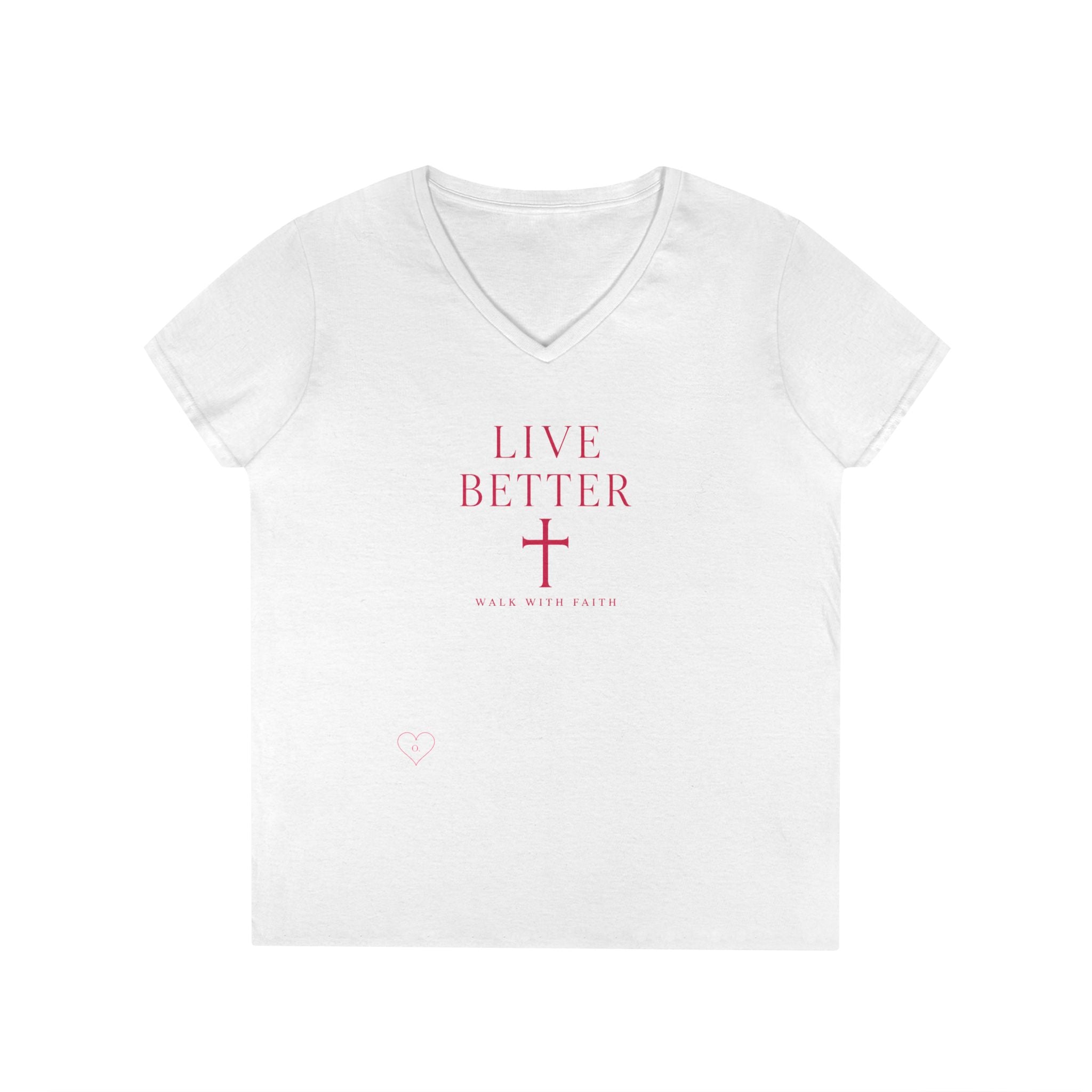 Camiseta de cuello de pico para mujer "Vive mejor, camina con fe" — Camiseta cristiana inspiradora femenina con cruz